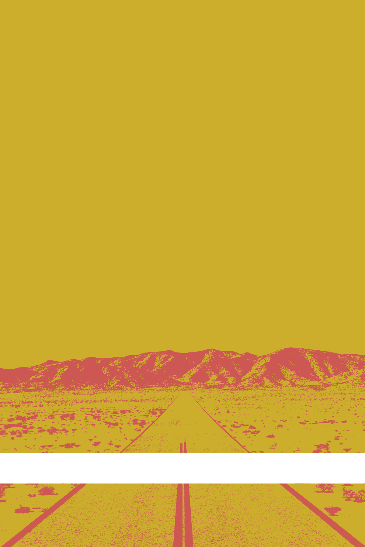 A view of Mercury Valley, Nevada, facing toward the northwest. The composition is rendered in dark yellow and light red. A prominent white line stretches across the composition near the bottom of the view.