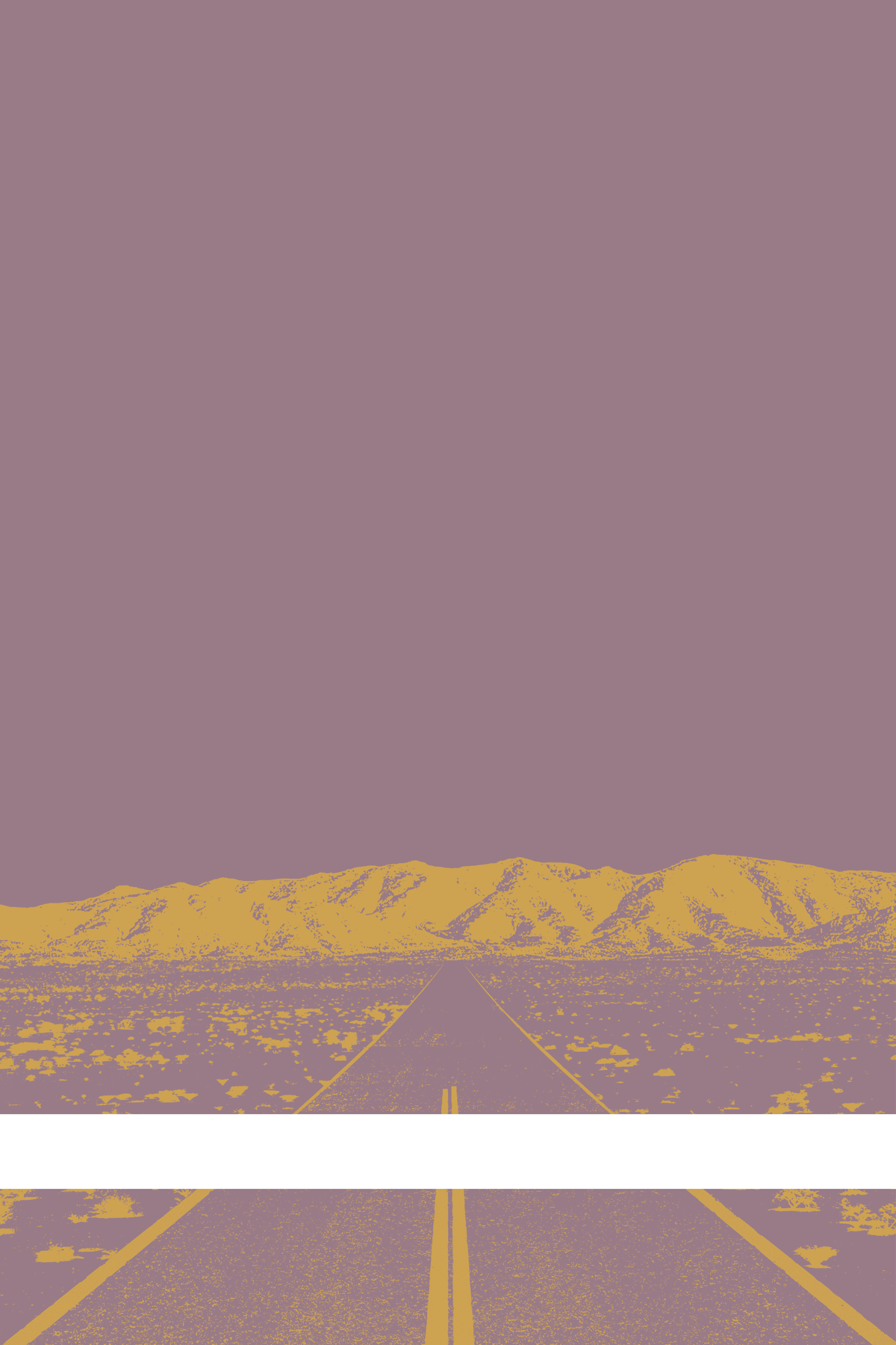 A view of Mercury Valley, Nevada, facing toward the northwest. The composition is rendered in light grayish purple and light orange. A prominent white line stretches across the composition near the bottom of the view.