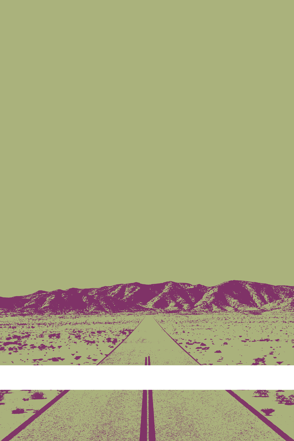 A view of Mercury Valley, Nevada, facing toward the northwest. The composition is rendered in light yellow-green and purple. A prominent white line stretches across the composition near the bottom of the view.