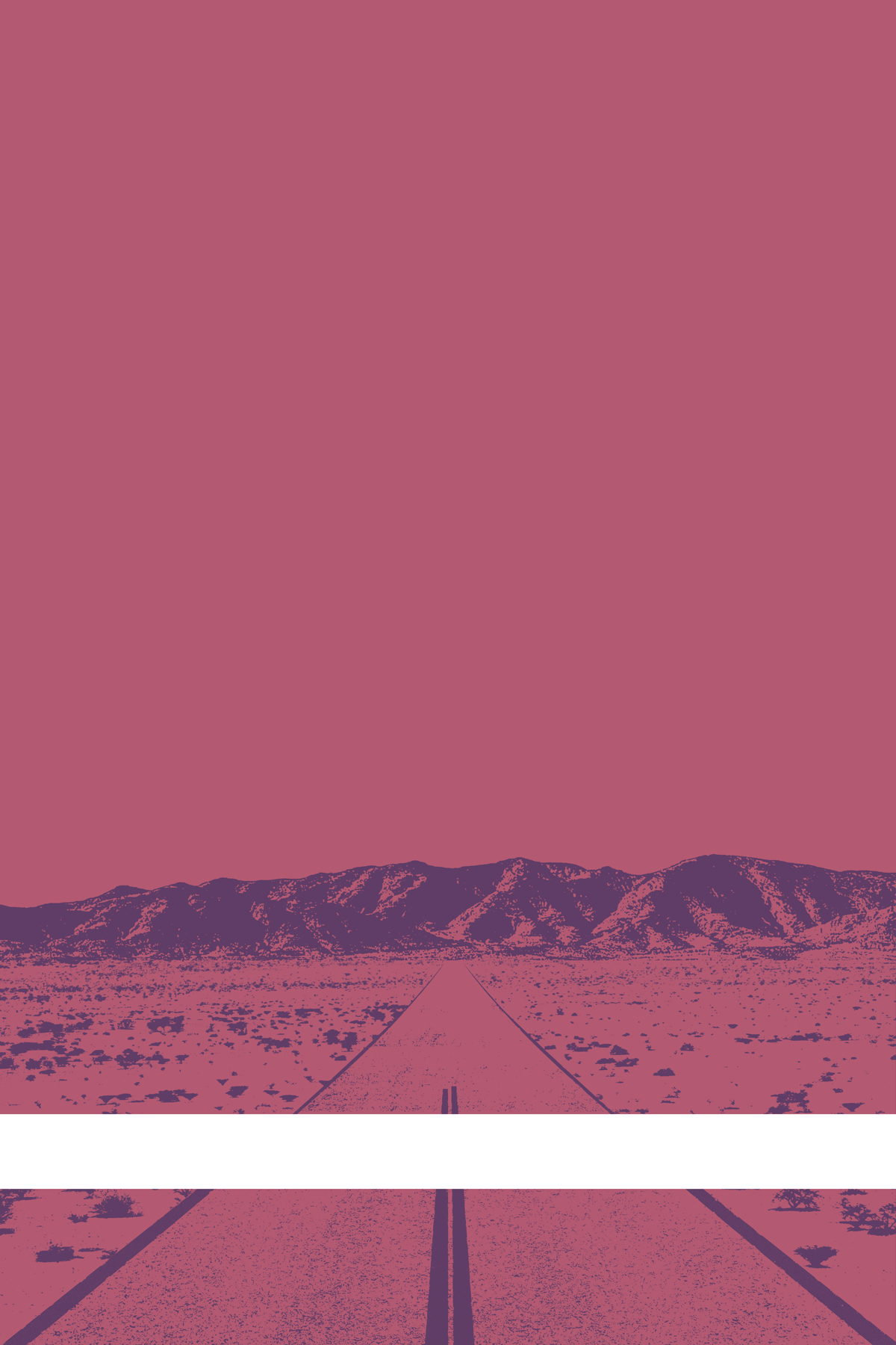 A view of Mercury Valley, Nevada, facing toward the northwest. The composition is rendered in pink and grayish-purple. A prominent white line stretches across the composition near the bottom of the view.