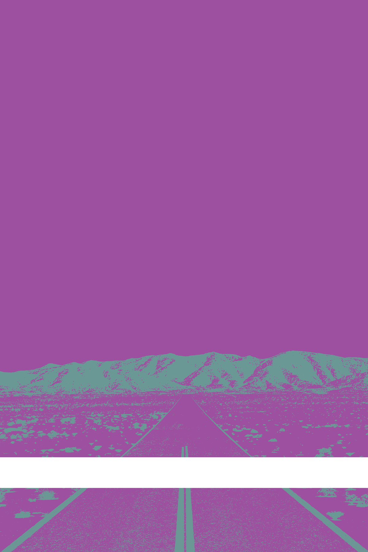 A view of Mercury Valley, Nevada, facing toward the northwest. The composition is rendered in purple and light grayish green. A prominent white line stretches across the composition near the bottom of the view.