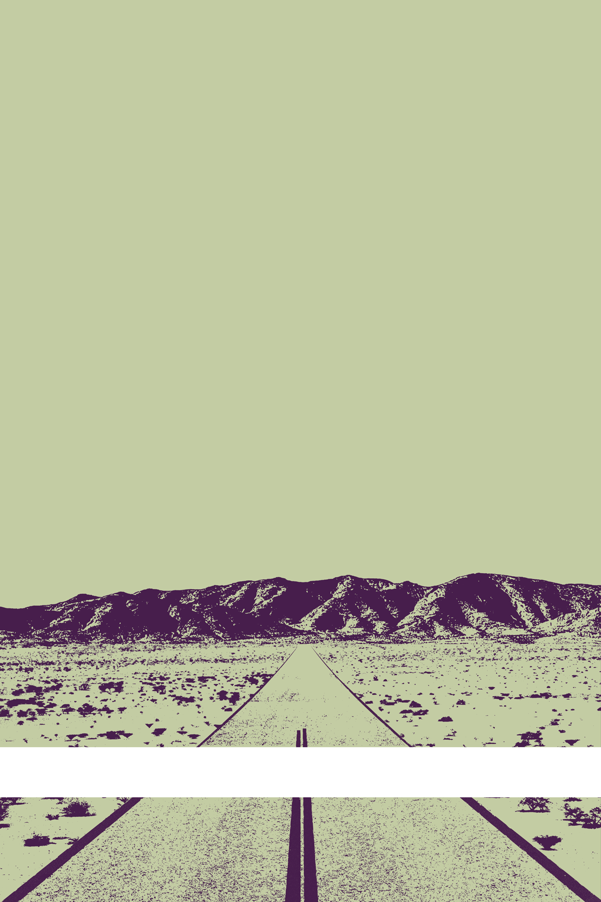 A view of Mercury Valley, Nevada, facing toward the northwest. The composition is rendered in light grayish yellow-green and dark purple. A prominent white line stretches across the composition near the bottom of the view.