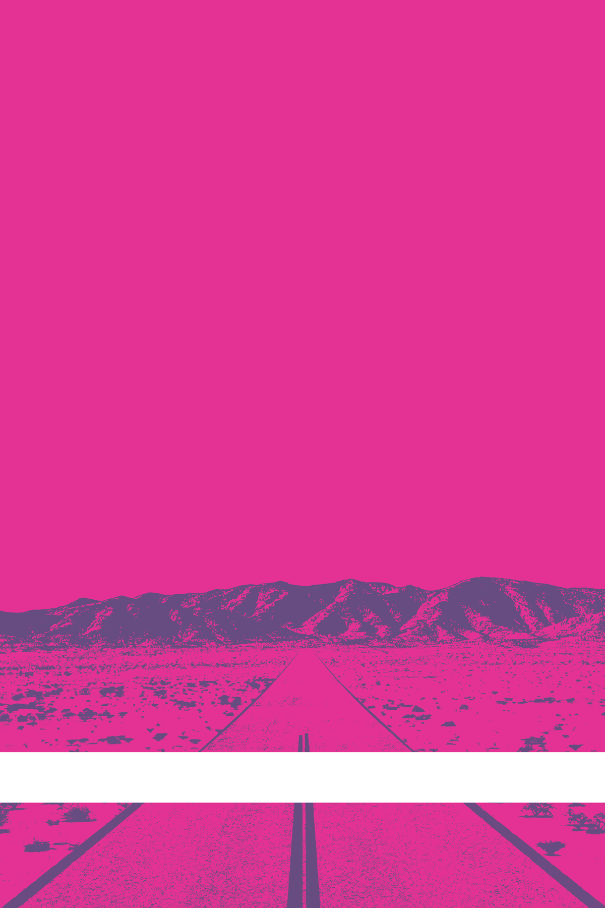 A view of Mercury Valley, Nevada, facing toward the northwest. The composition is rendered in pink and gray. A prominent white line stretches across the composition near the bottom of the view.