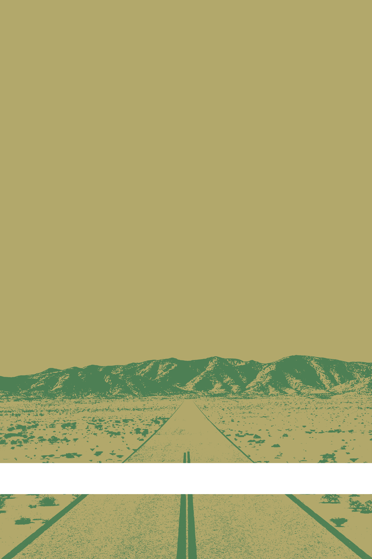 A view of Mercury Valley, Nevada, facing toward the northwest. The composition is rendered in tan and green. A prominent white line stretches across the composition near the bottom of the view.