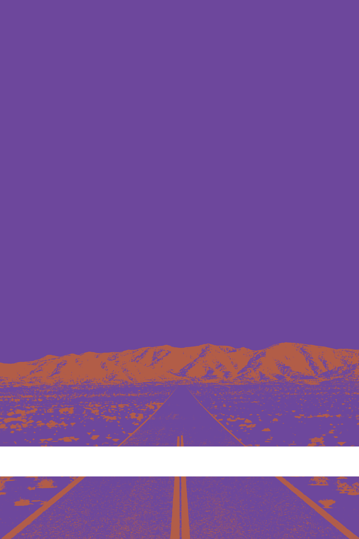 A view of Mercury Valley, Nevada, facing toward the northwest. The composition is rendered in purple and orange. A prominent white line stretches across the composition near the bottom of the view.