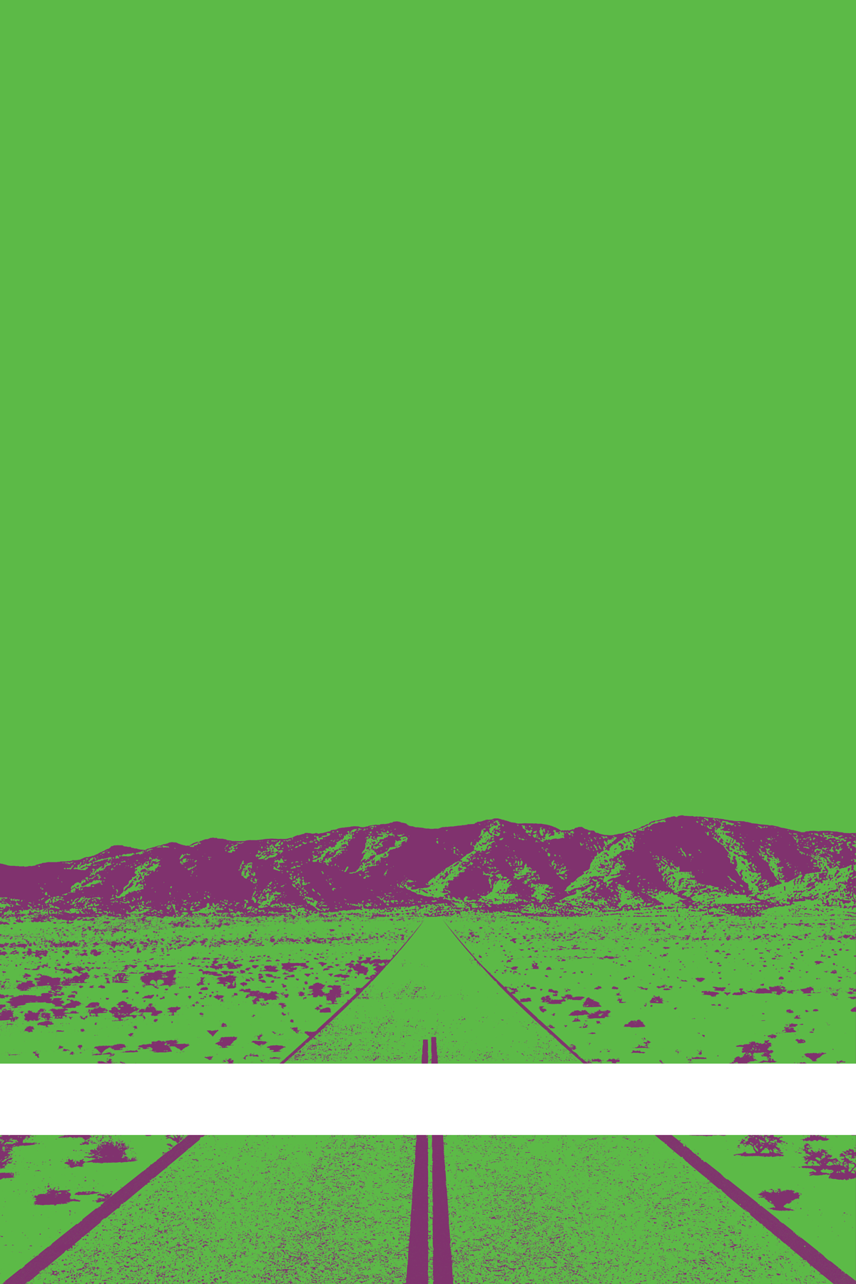 A view of Mercury Valley, Nevada, facing toward the northwest. The composition is rendered in green and purple. A prominent white line stretches across the composition near the bottom of the view.