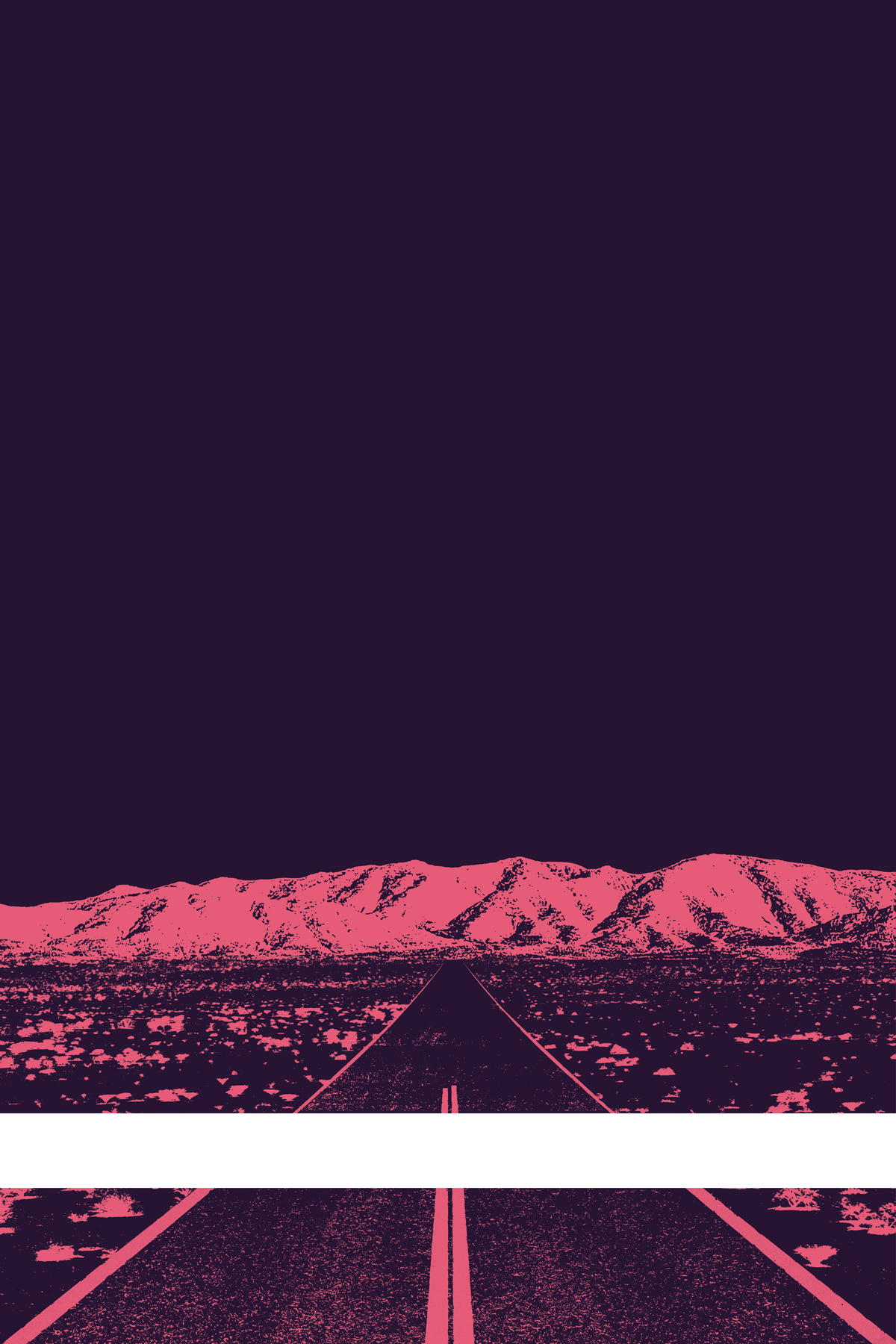 A view of Mercury Valley, Nevada, facing toward the northwest. The composition is rendered in dark purple and pink. A prominent white line stretches across the composition near the bottom of the view.