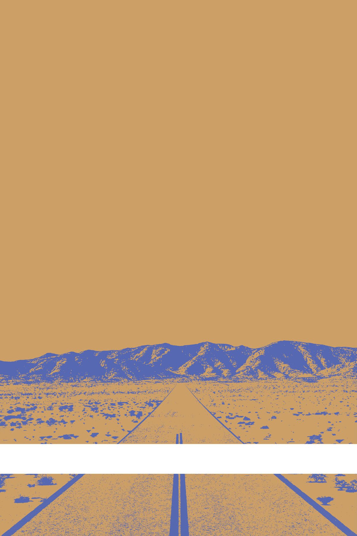 A view of Mercury Valley, Nevada, facing toward the northwest. The composition is rendered in light orange and light blue. A prominent white line stretches across the composition near the bottom of the view.