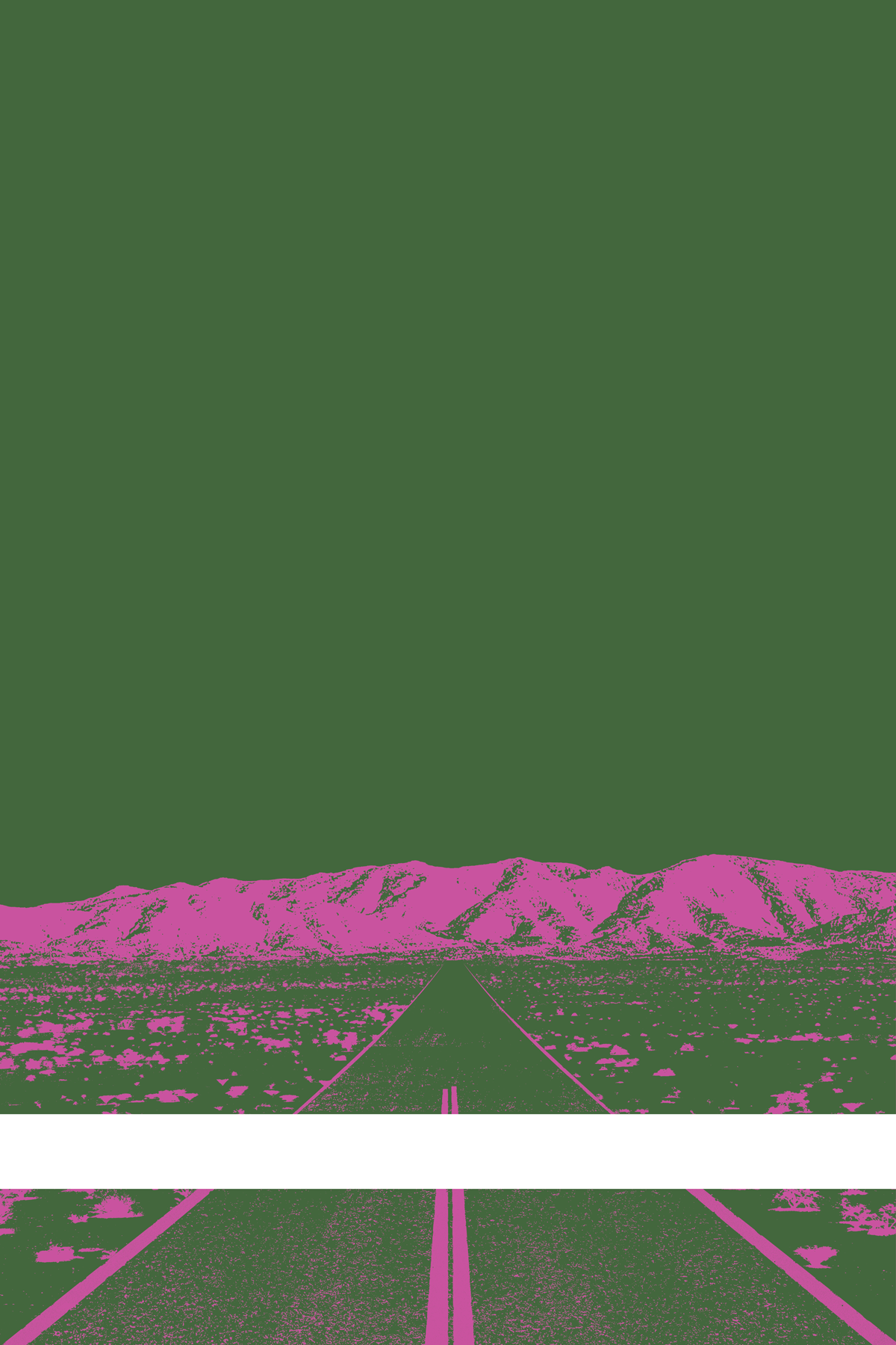 A view of Mercury Valley, Nevada, facing toward the northwest. The composition is rendered in dark green and pink. A prominent white line stretches across the composition near the bottom of the view.