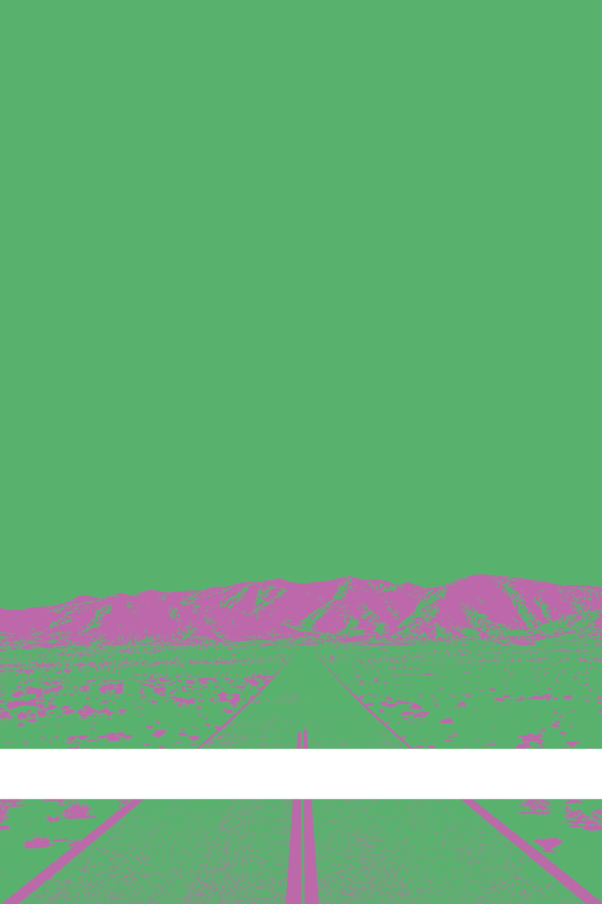 A view of Mercury Valley, Nevada, facing toward the northwest. The composition is rendered in green and light purple. A prominent white line stretches across the composition near the bottom of the view.