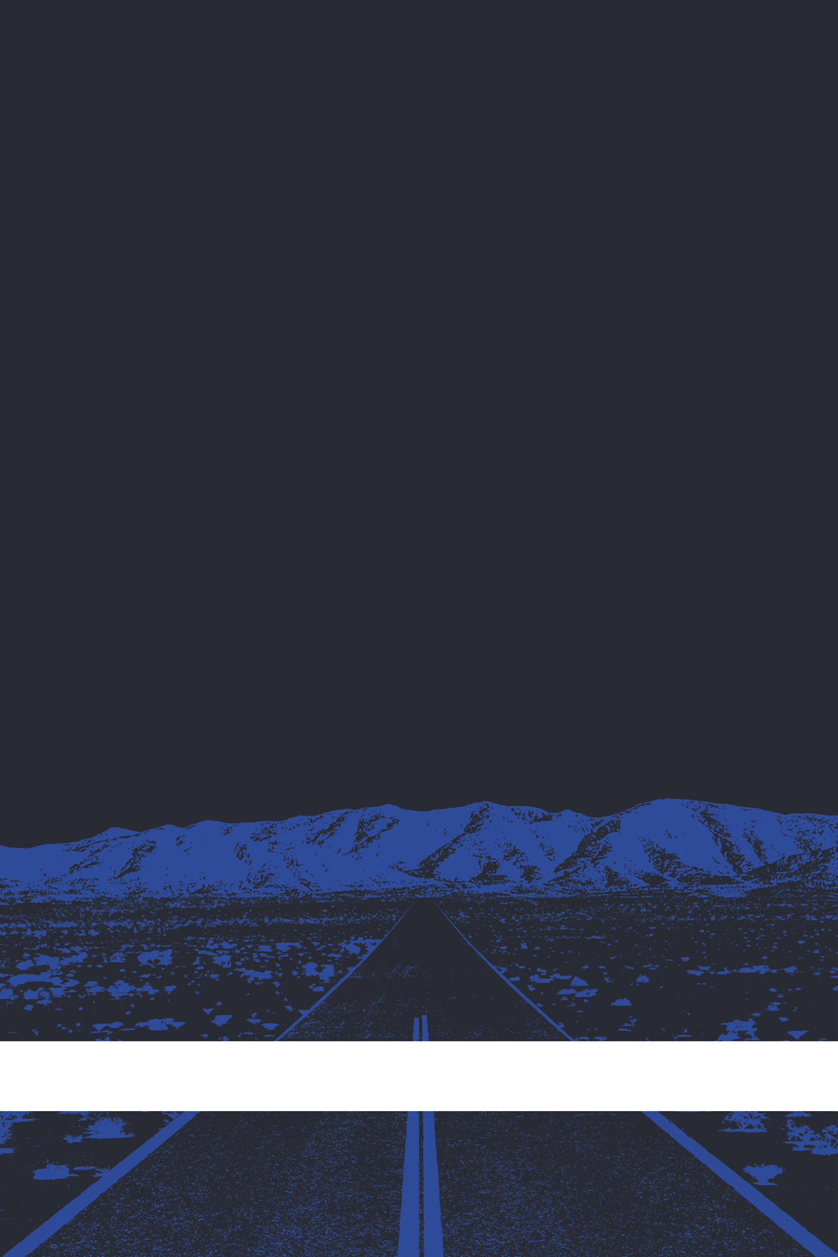 A view of Mercury Valley, Nevada, facing toward the northwest. The composition is rendered in dark gray and blue. A prominent white line stretches across the composition near the bottom of the view.