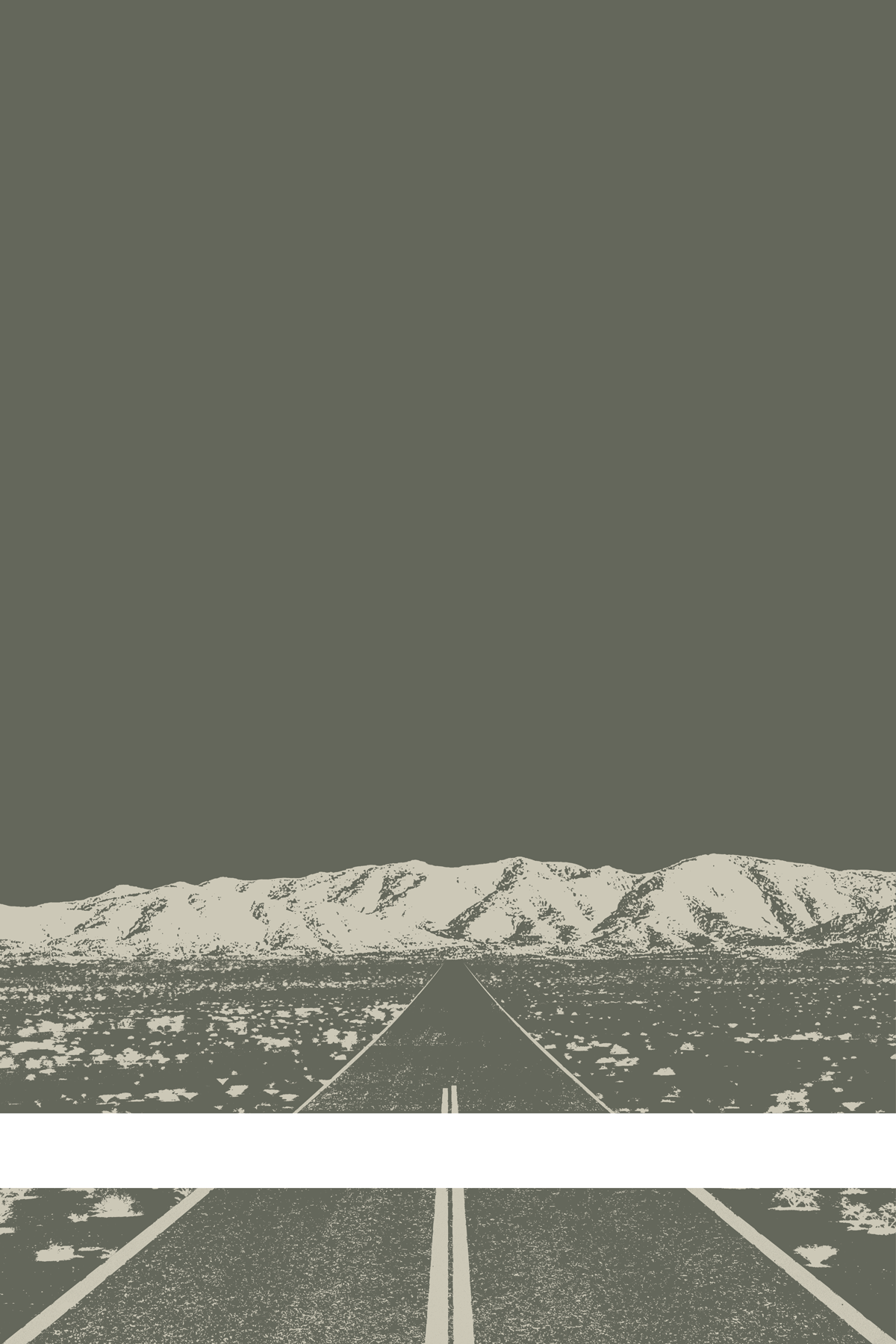 A view of Mercury Valley, Nevada, facing toward the northwest. The composition is rendered in dark gray and light gray. A prominent white line stretches across the composition near the bottom of the view.