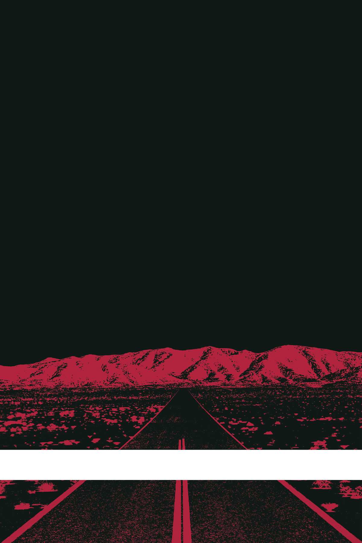 A view of Mercury Valley, Nevada, facing toward the northwest. The composition is rendered in black and red. A prominent white line stretches across the composition near the bottom of the view.