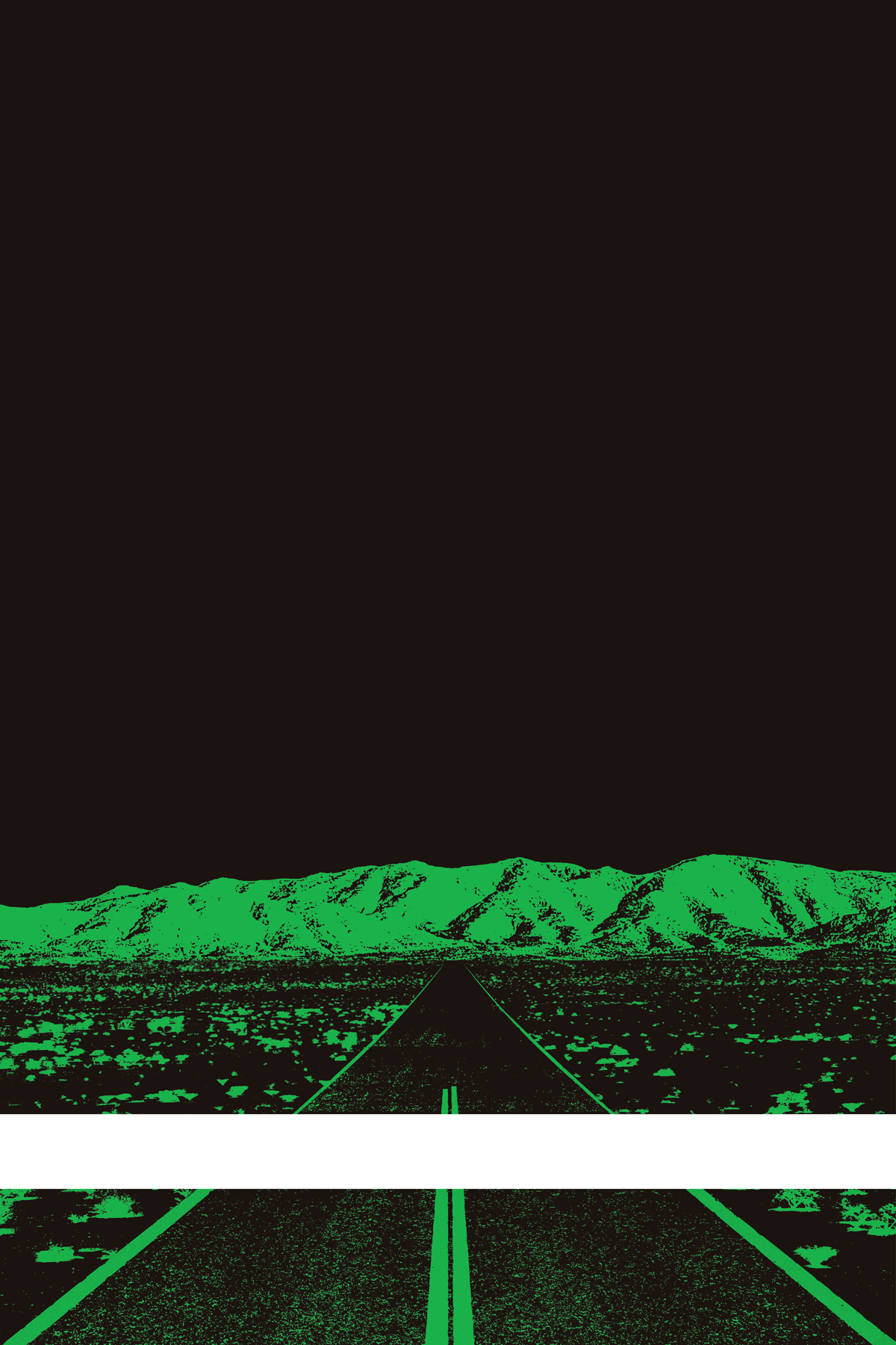 A view of Mercury Valley, Nevada, facing toward the northwest. The composition is rendered in black and green. A prominent white line stretches across the composition near the bottom of the view.