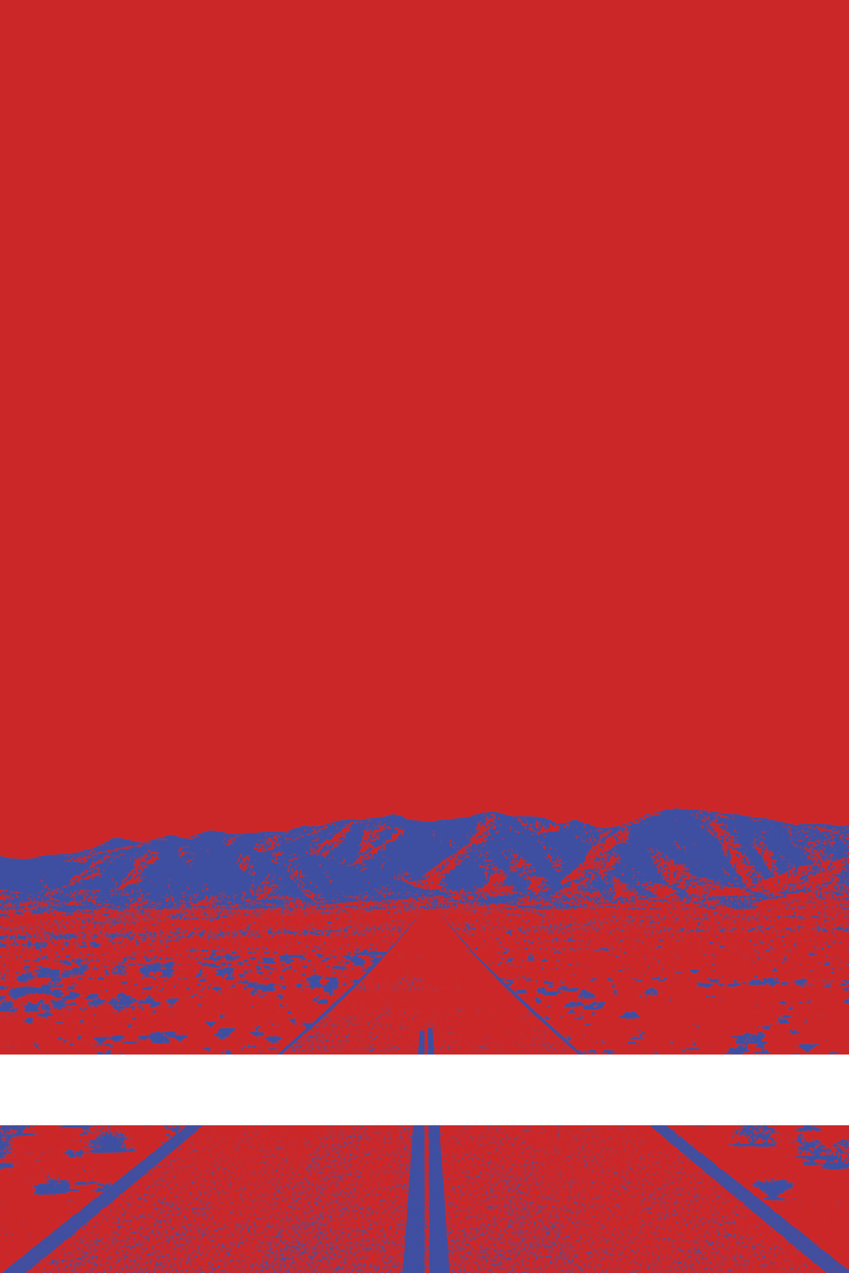 A view of Mercury Valley, Nevada, facing toward the northwest. The composition is rendered in red and blue. A prominent white line stretches across the composition near the bottom of the view.