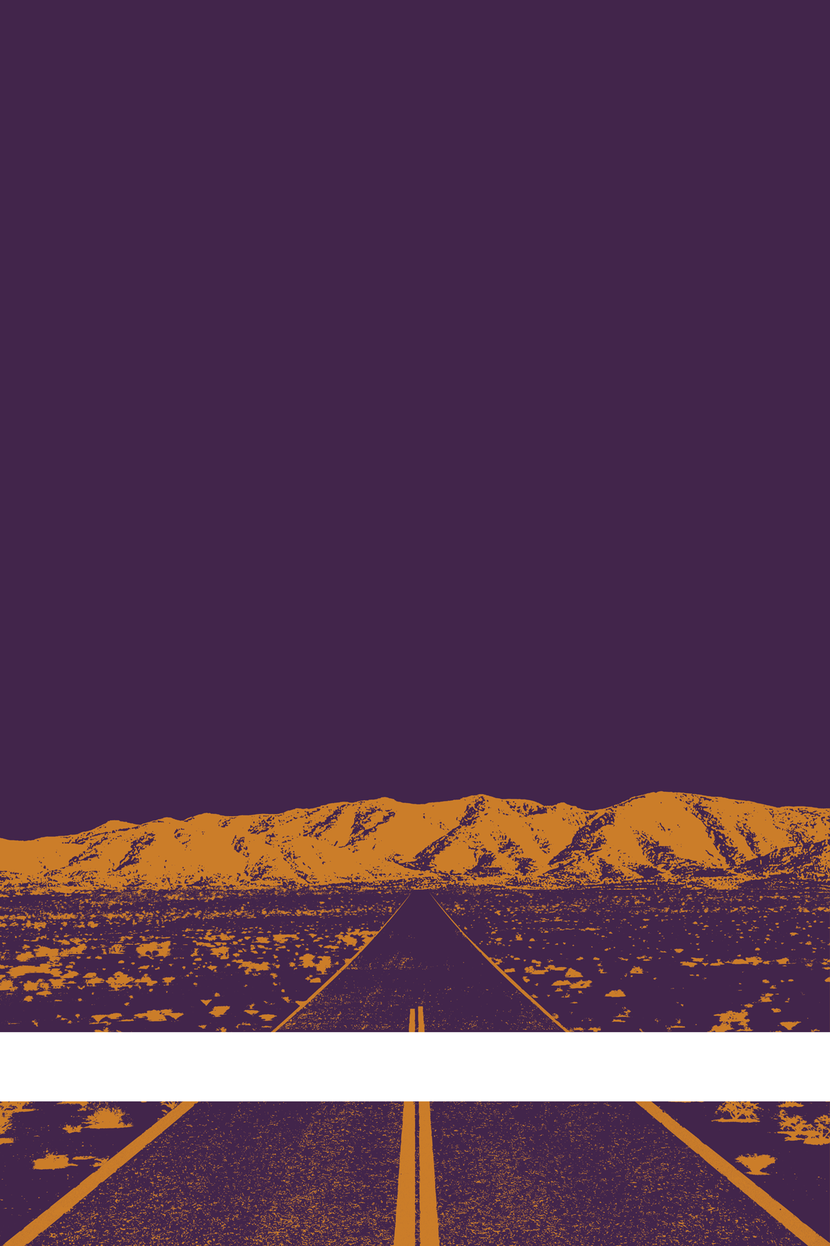 A view of Mercury Valley, Nevada, facing toward the northwest. The composition is rendered in dark purple and orange. A prominent white line stretches across the composition near the bottom of the view.