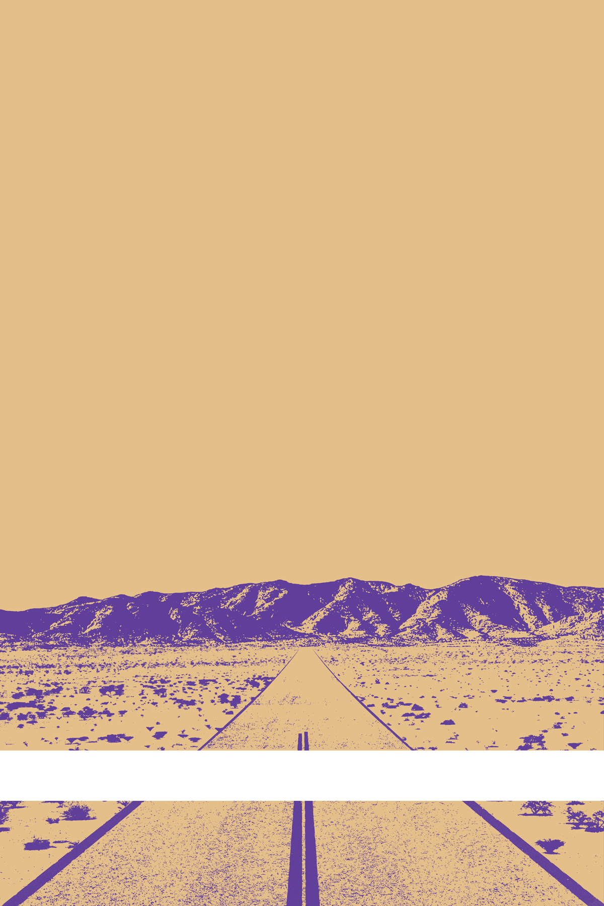 A view of Mercury Valley, Nevada, facing toward the northwest. The composition is rendered in light brownish orange and purple. A prominent white line stretches across the composition near the bottom of the view.