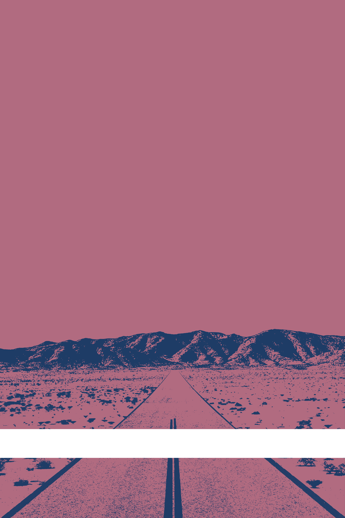 A view of Mercury Valley, Nevada, facing toward the northwest. The composition is rendered in grayish pink and dark blue. A prominent white line stretches across the composition near the bottom of the view.