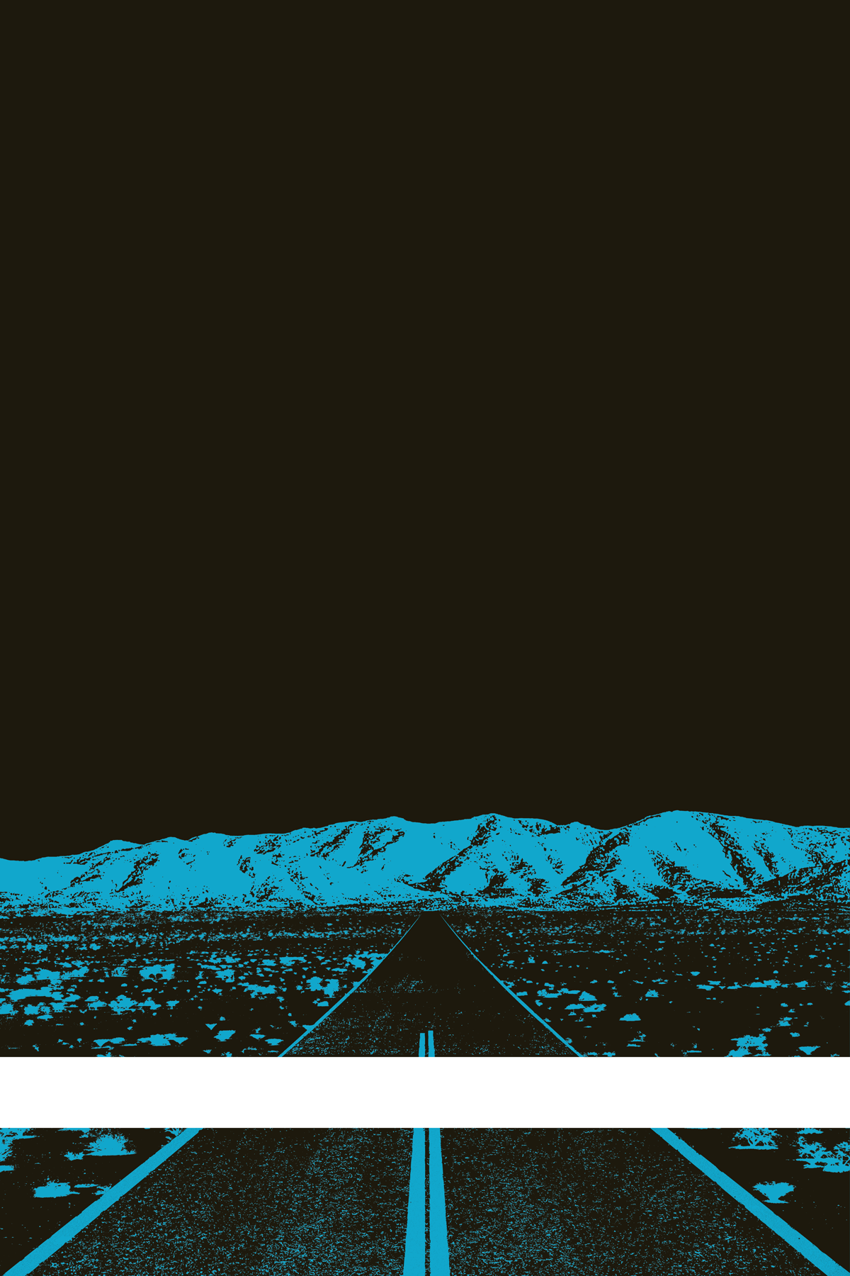 A view of Mercury Valley, Nevada, facing toward the northwest. The composition is rendered in black and blue. A prominent white line stretches across the composition near the bottom of the view.