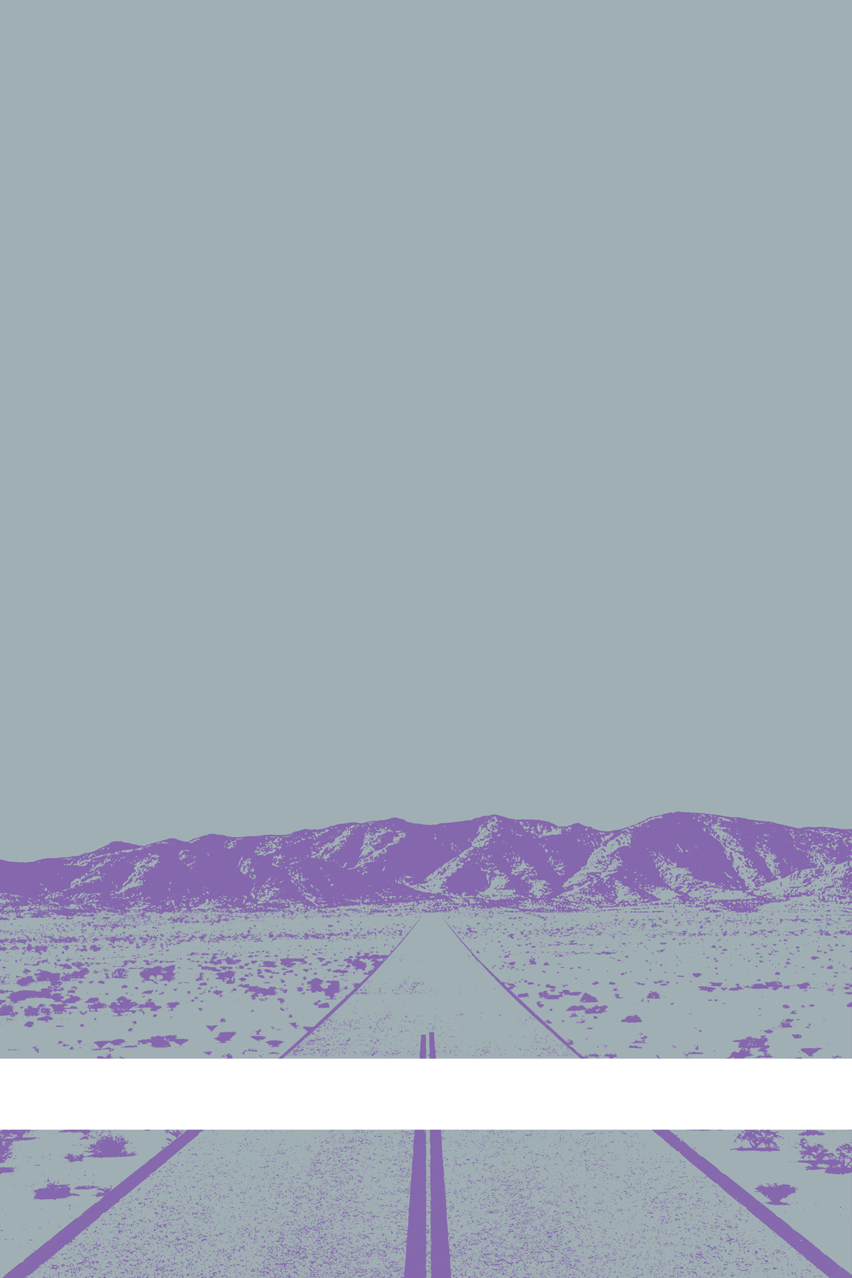 A view of Mercury Valley, Nevada, facing toward the northwest. The composition is rendered in grayish blue and light purple. A prominent white line stretches across the composition near the bottom of the view.