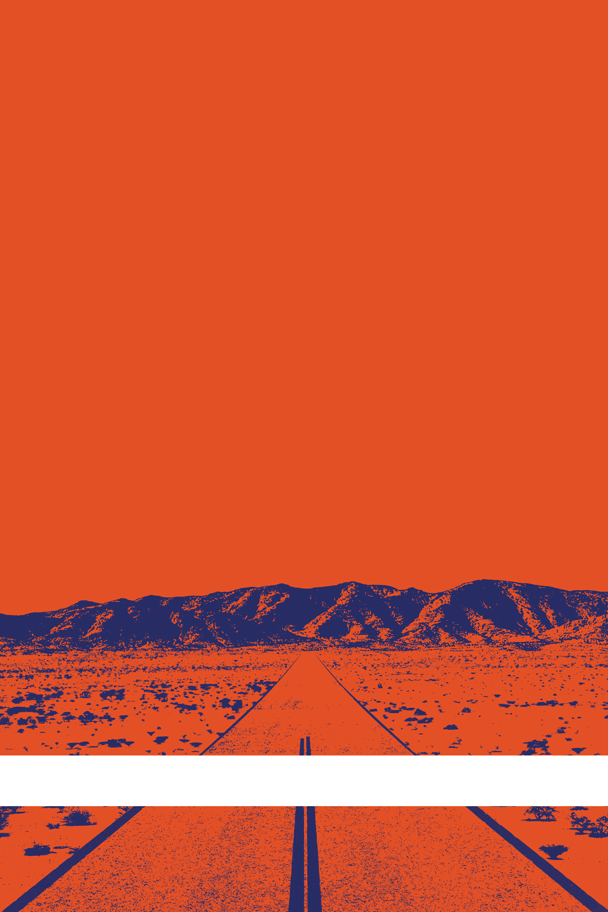 A view of Mercury Valley, Nevada, facing toward the northwest. The composition is rendered in orange and blue. A prominent white line stretches across the composition near the bottom of the view.