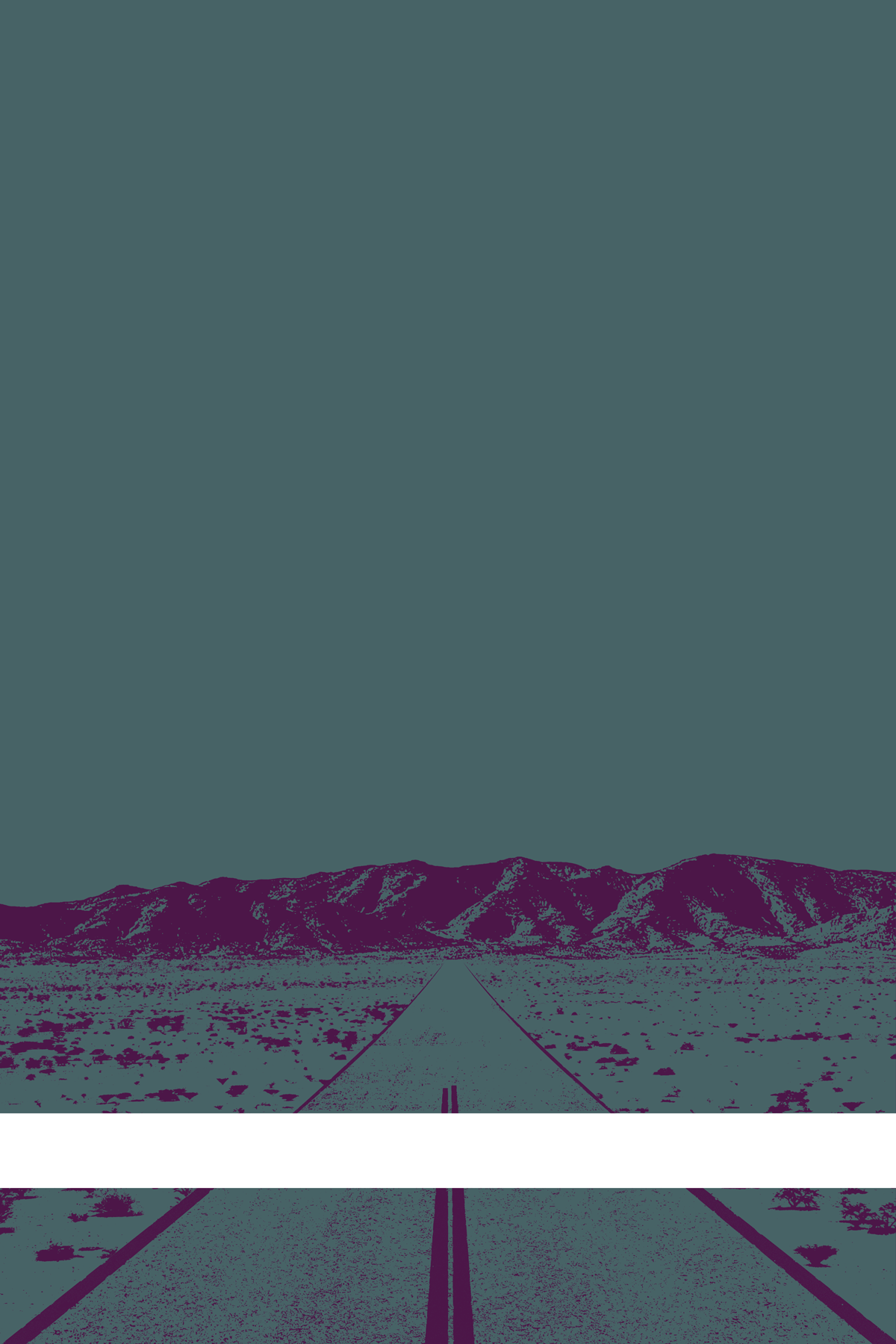 A view of Mercury Valley, Nevada, facing toward the northwest. The composition is rendered in gray and dark purple. A prominent white line stretches across the composition near the bottom of the view.