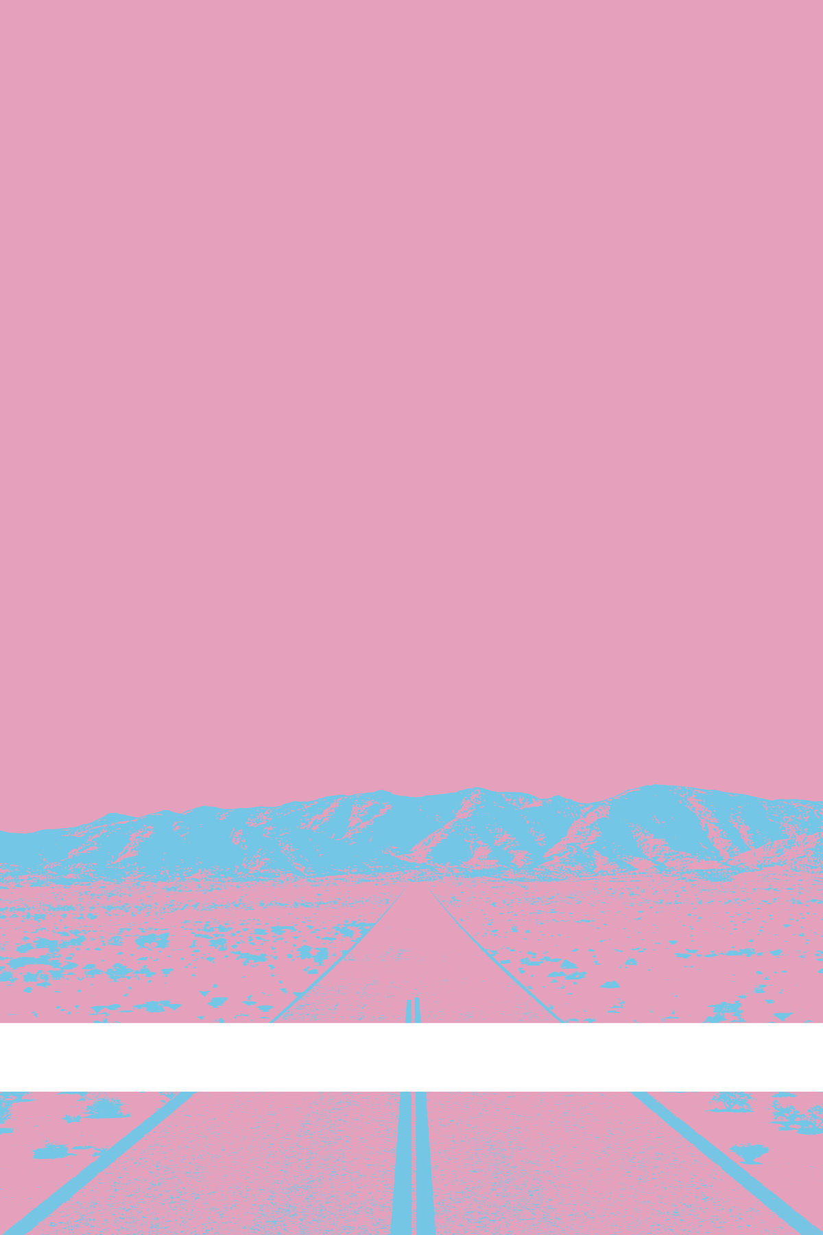 A view of Mercury Valley, Nevada, facing toward the northwest. The composition is rendered in pink and light blue. A prominent white line stretches across the composition near the bottom of the view.