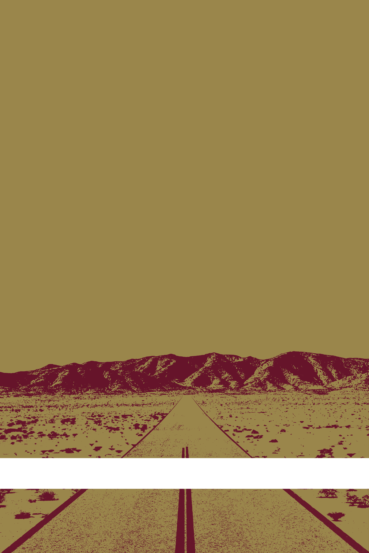 A view of Mercury Valley, Nevada, facing toward the northwest. The composition is rendered in light brown and dark red. A prominent white line stretches across the composition near the bottom of the view.