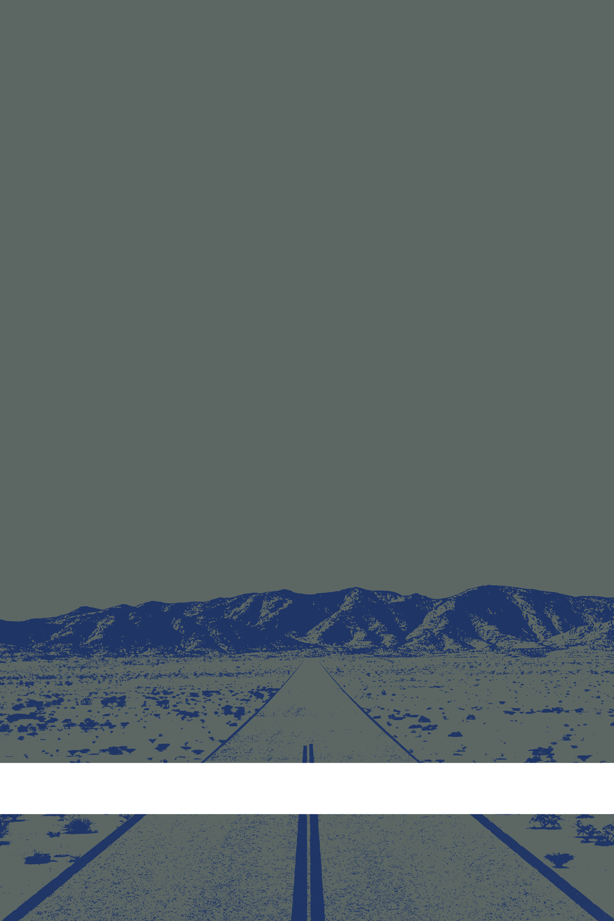 A view of Mercury Valley, Nevada, facing toward the northwest. The composition is rendered in dark gray and dark blue. A prominent white line stretches across the composition near the bottom of the view.