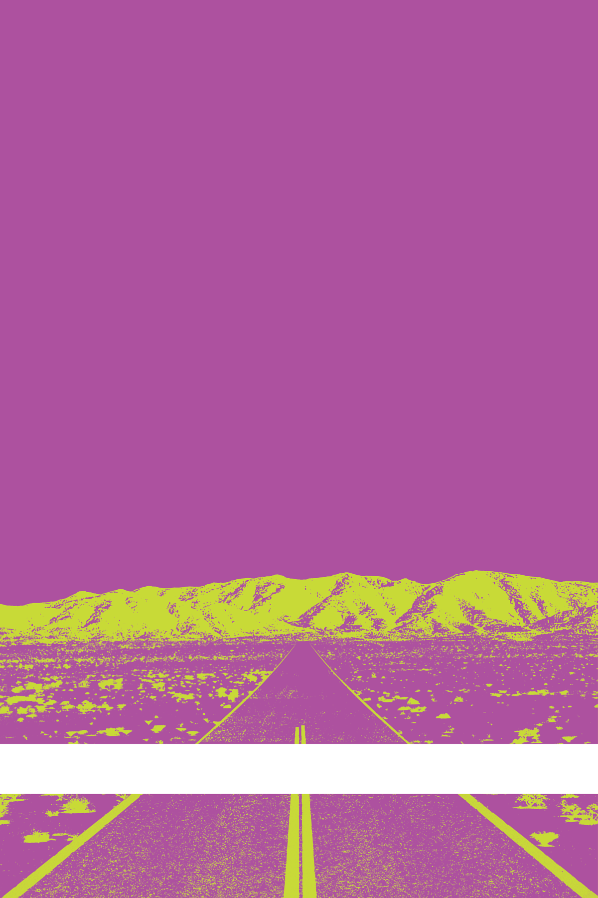 A view of Mercury Valley, Nevada, facing toward the northwest. The composition is rendered in light purple and yellow-green. A prominent white line stretches across the composition near the bottom of the view.