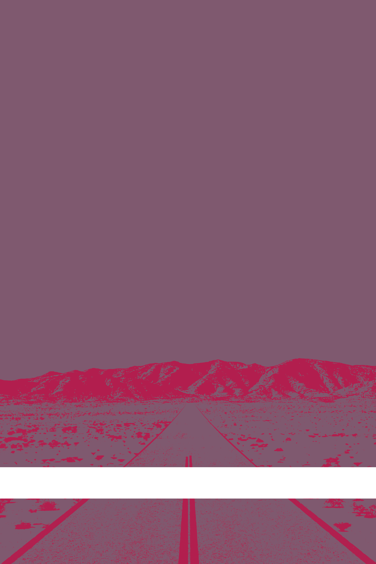 A view of Mercury Valley, Nevada, facing toward the northwest. The composition is rendered in grayish purple and pink. A prominent white line stretches across the composition near the bottom of the view.