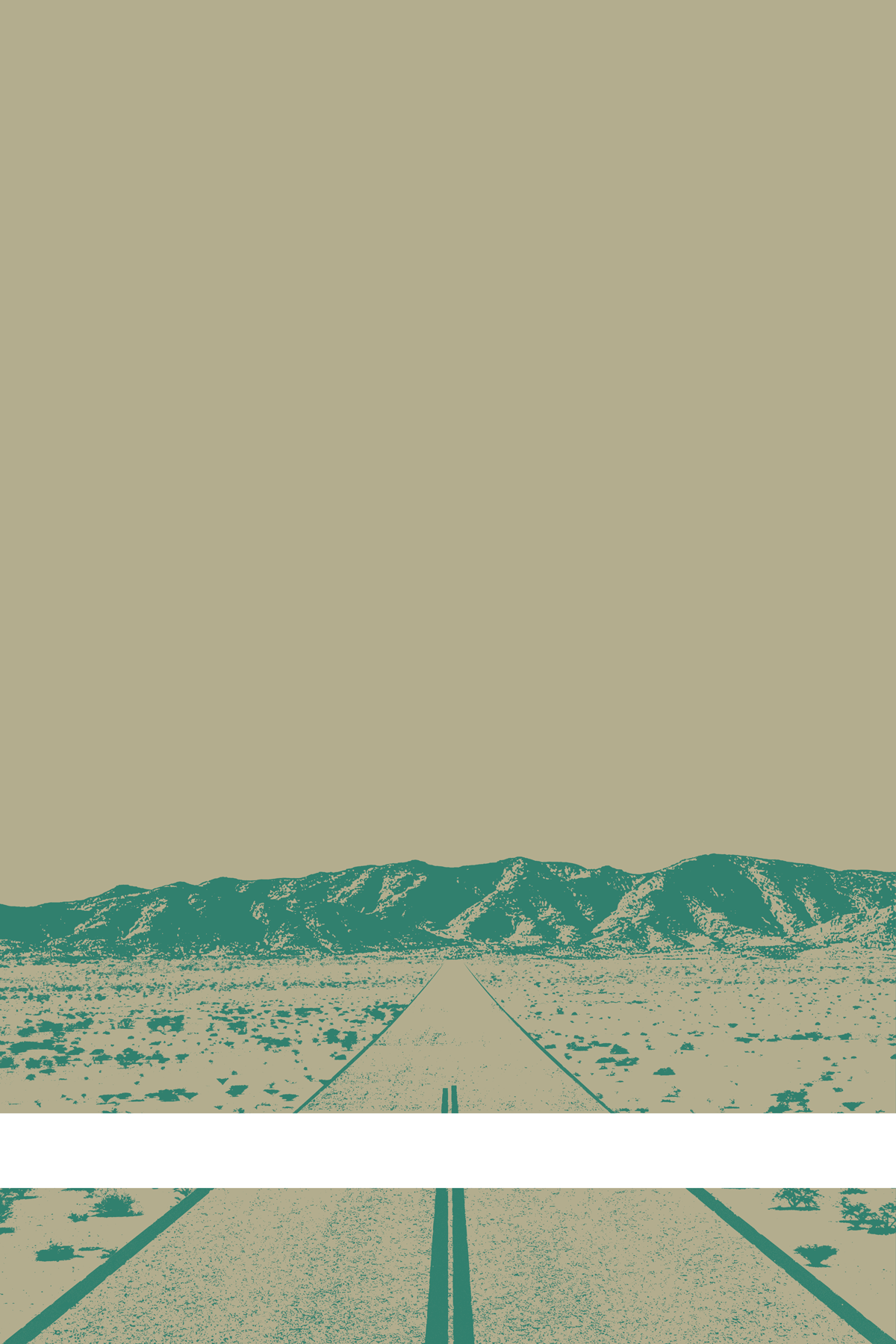 A view of Mercury Valley, Nevada, facing toward the northwest. The composition is rendered in dark grayish yellow and blue-green. A prominent white line stretches across the composition near the bottom of the view.