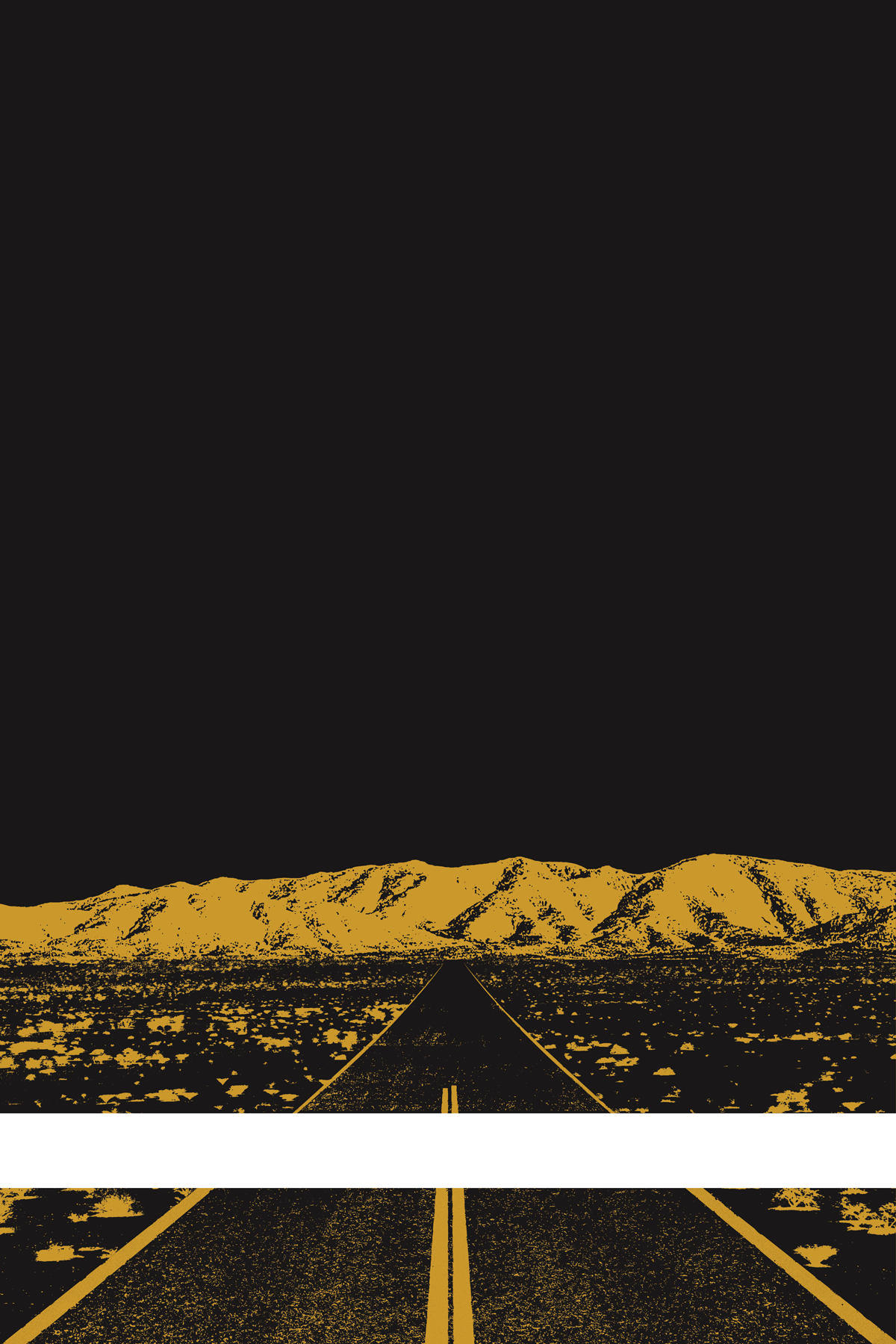 A view of Mercury Valley, Nevada, facing toward the northwest. The composition is rendered in black and yellow-orange. A prominent white line stretches across the composition near the bottom of the view.