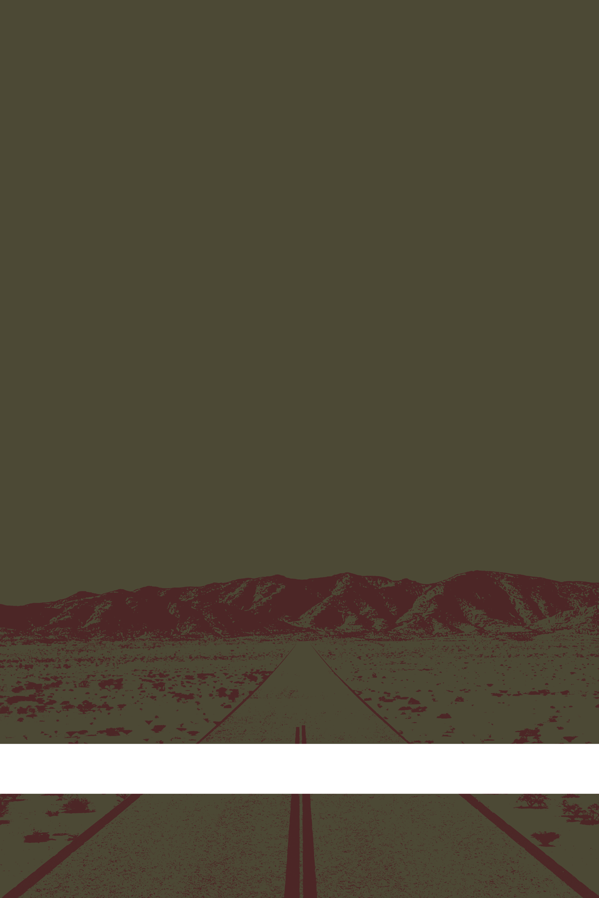 A view of Mercury Valley, Nevada, facing toward the northwest. The composition is rendered in dark grayish brown and dark red. A prominent white line stretches across the composition near the bottom of the view.