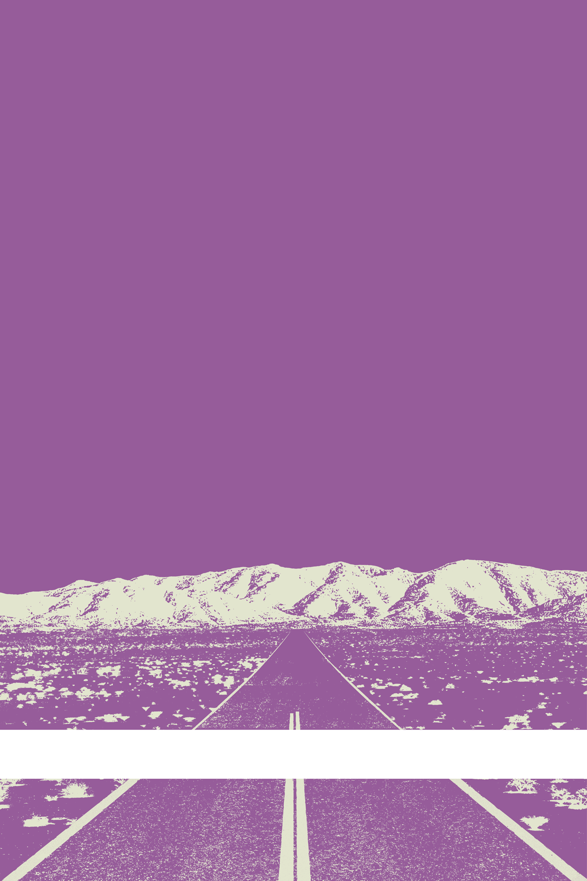 A view of Mercury Valley, Nevada, facing toward the northwest. The composition is rendered in purple and pale yellow. A prominent white line stretches across the composition near the bottom of the view.