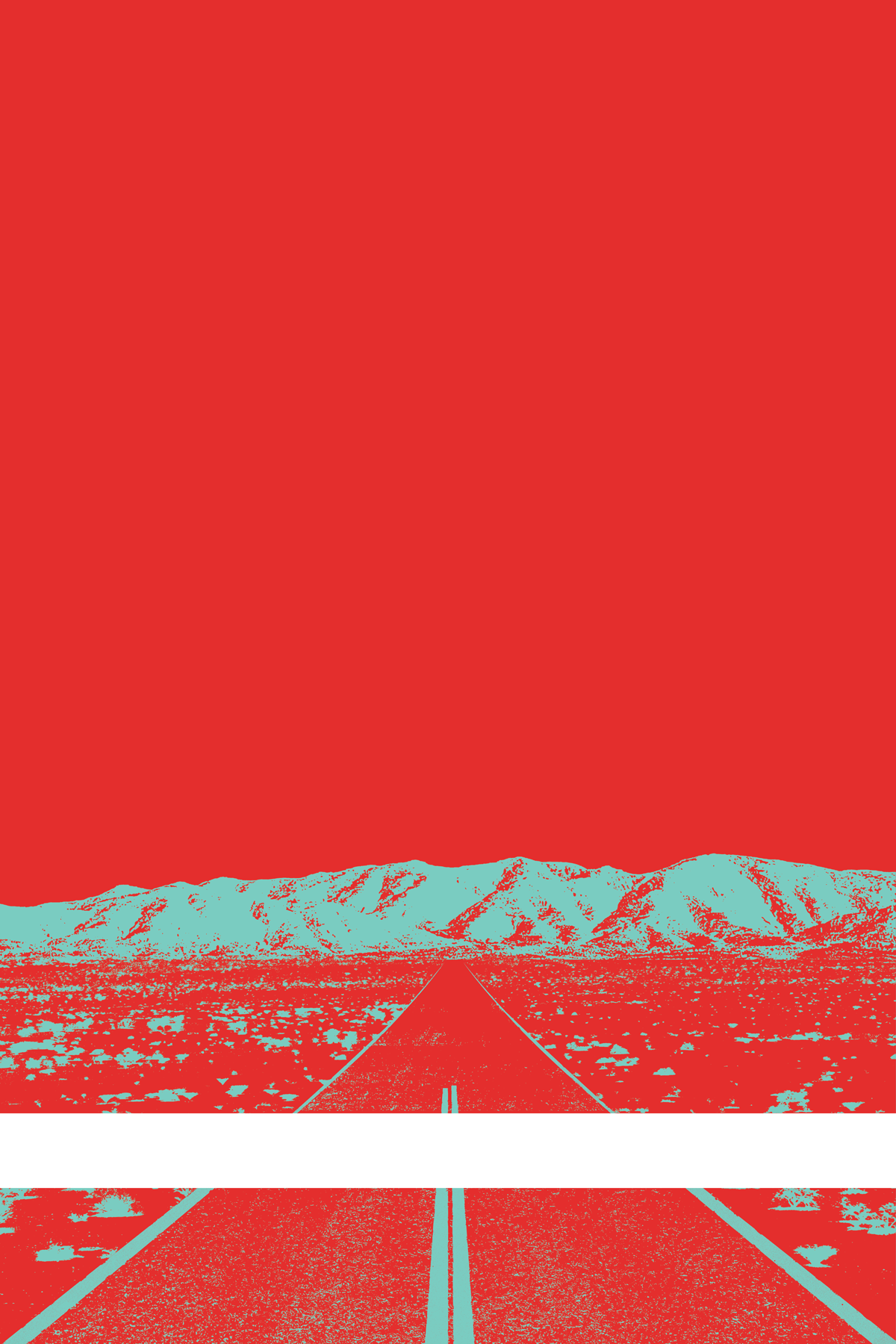 A view of Mercury Valley, Nevada, facing toward the northwest. The composition is rendered in red and light blue. A prominent white line stretches across the composition near the bottom of the view.