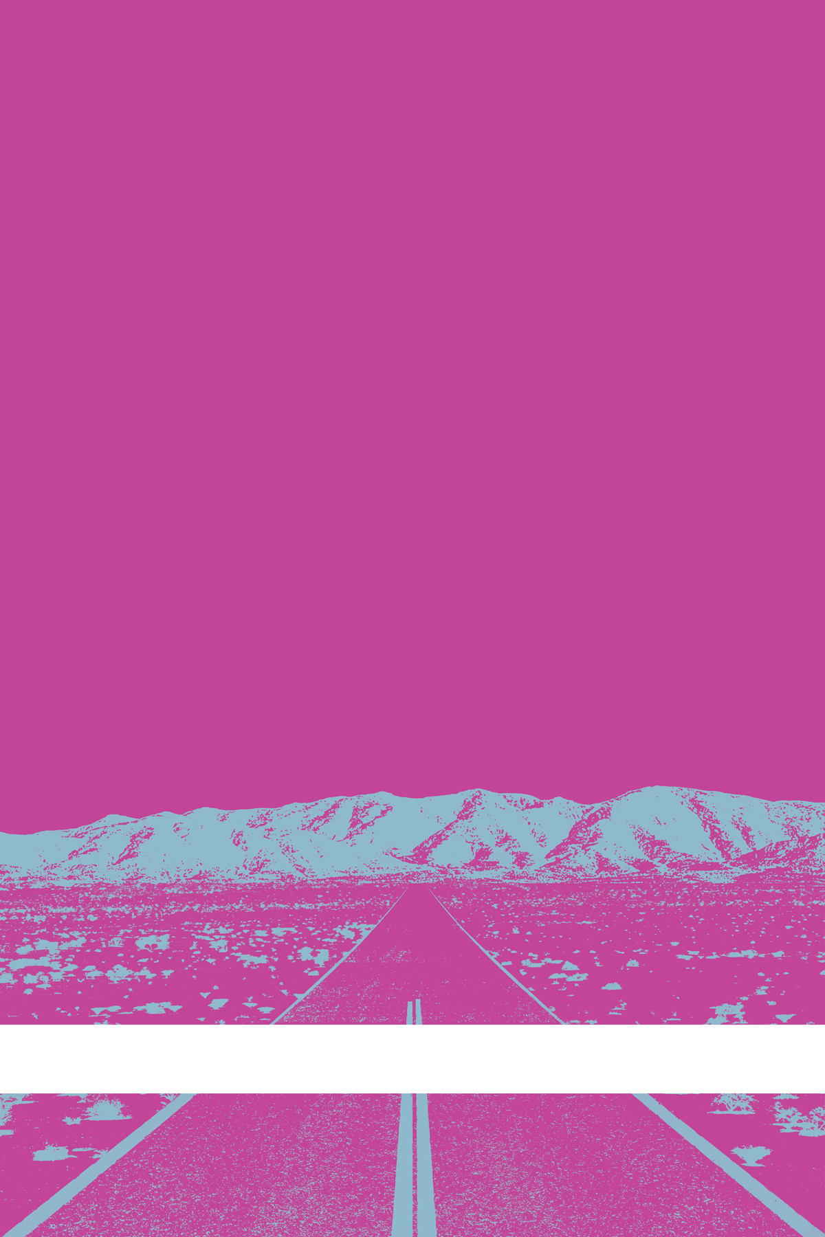 A view of Mercury Valley, Nevada, facing toward the northwest. The composition is rendered in purple and light blue. A prominent white line stretches across the composition near the bottom of the view.