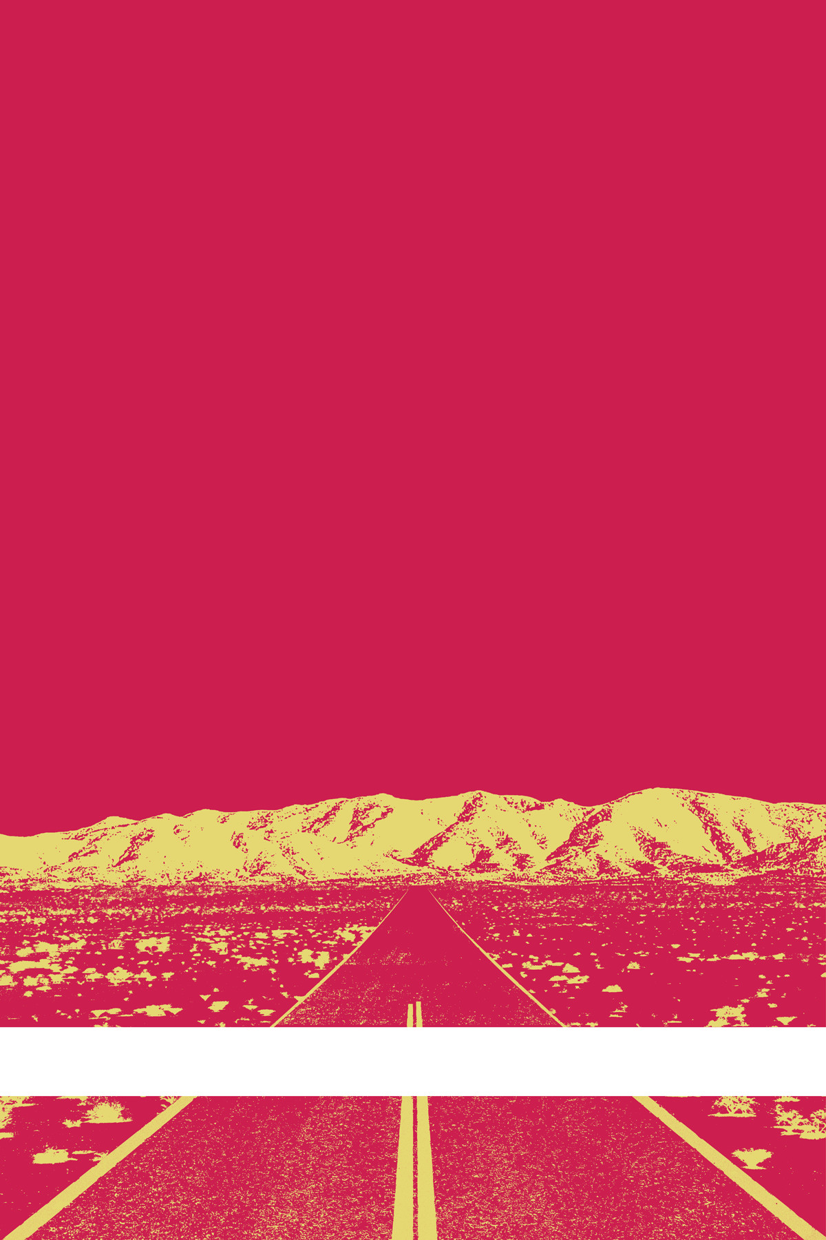 A view of Mercury Valley, Nevada, facing toward the northwest. The composition is rendered in red and light yellow. A prominent white line stretches across the composition near the bottom of the view.