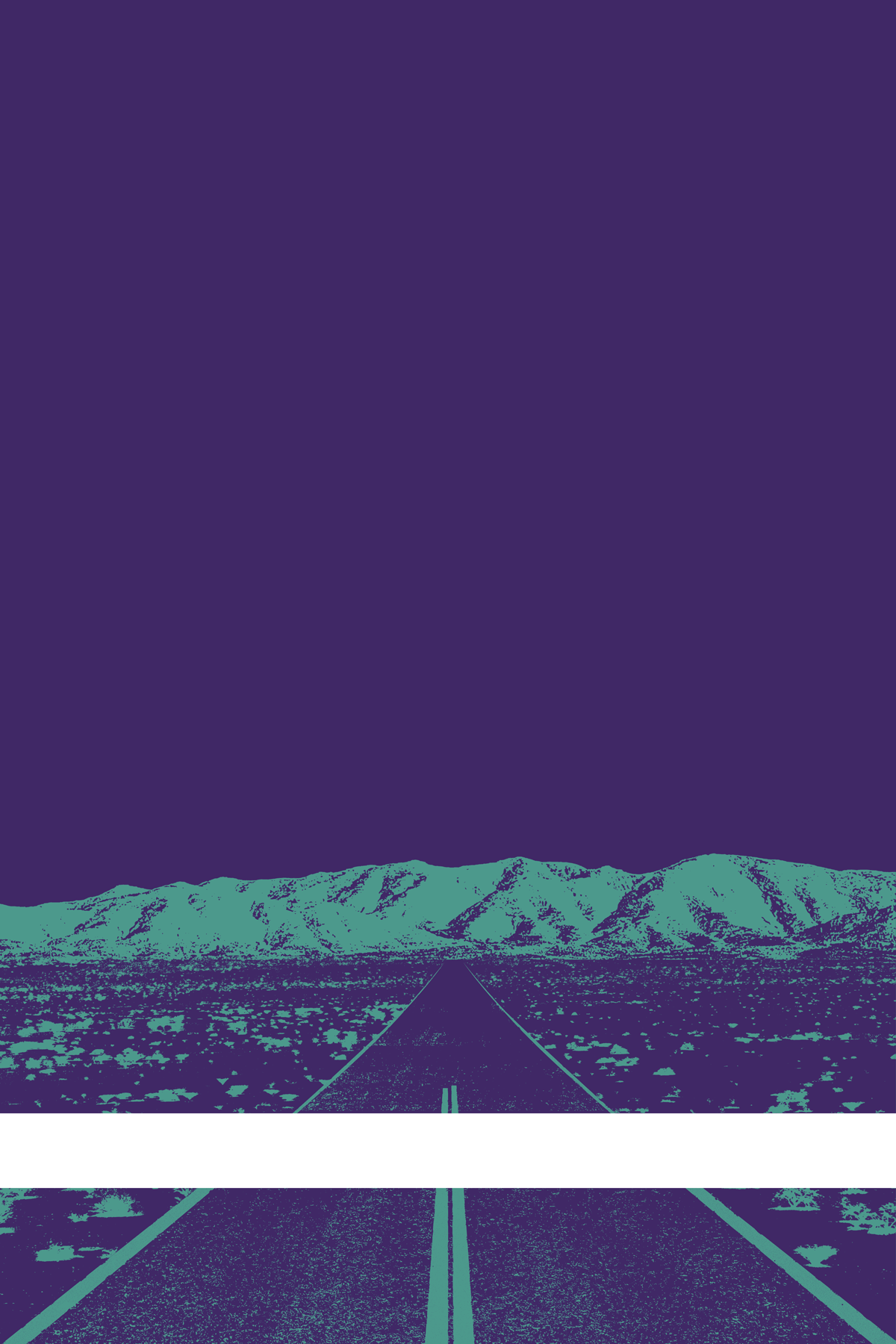 A view of Mercury Valley, Nevada, facing toward the northwest. The composition is rendered in dark purple and light blue. A prominent white line stretches across the composition near the bottom of the view.