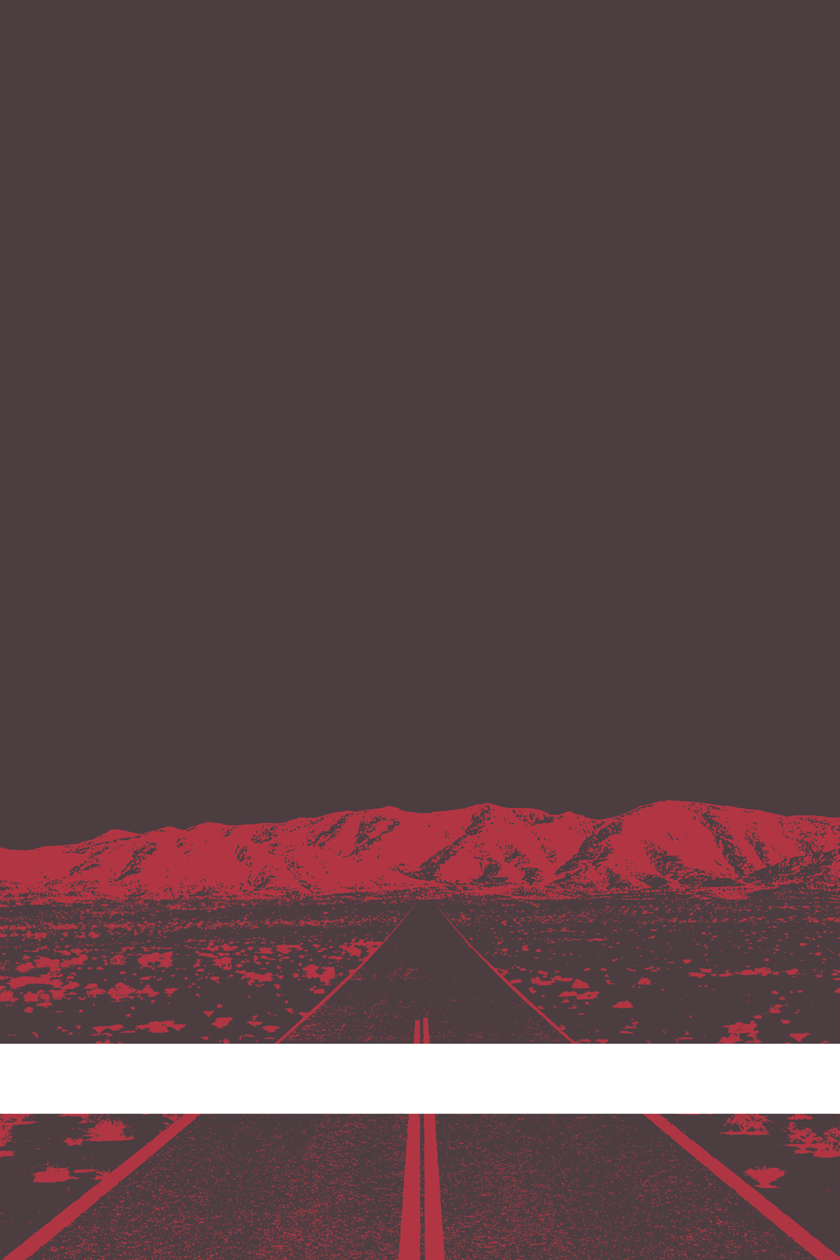 A view of Mercury Valley, Nevada, facing toward the northwest. The composition is rendered in dark gray and red. A prominent white line stretches across the composition near the bottom of the view.