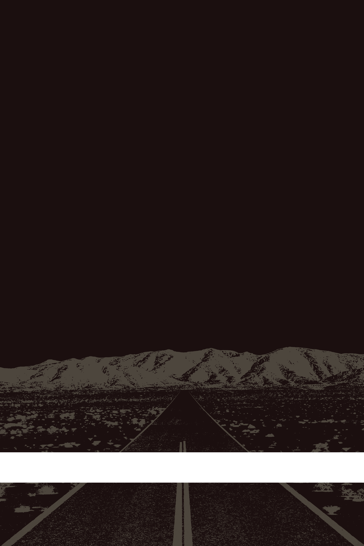 A view of Mercury Valley, Nevada, facing toward the northwest. The composition is rendered in dark brown and gray. A prominent white line stretches across the composition near the bottom of the view.