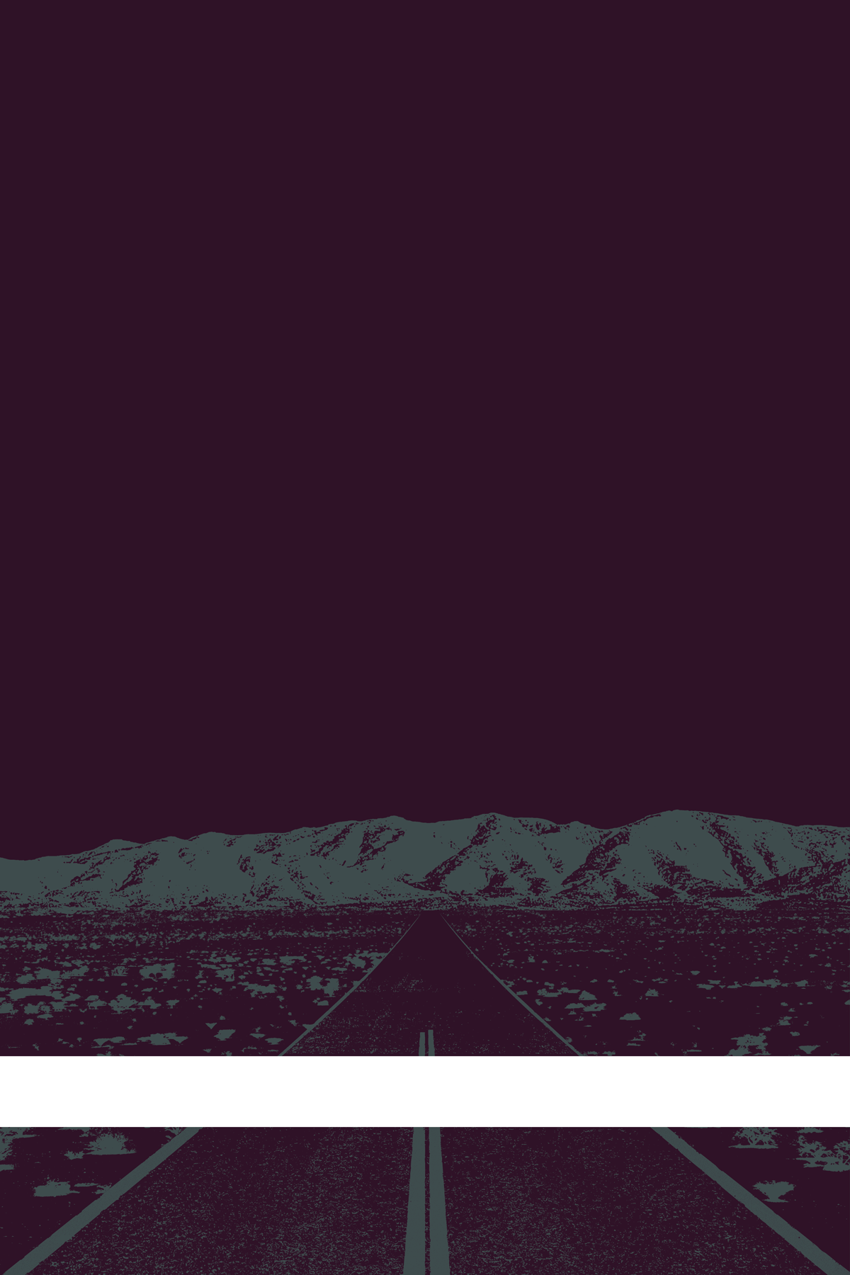 A view of Mercury Valley, Nevada, facing toward the northwest. The composition is rendered in dark purple and gray. A prominent white line stretches across the composition near the bottom of the view.