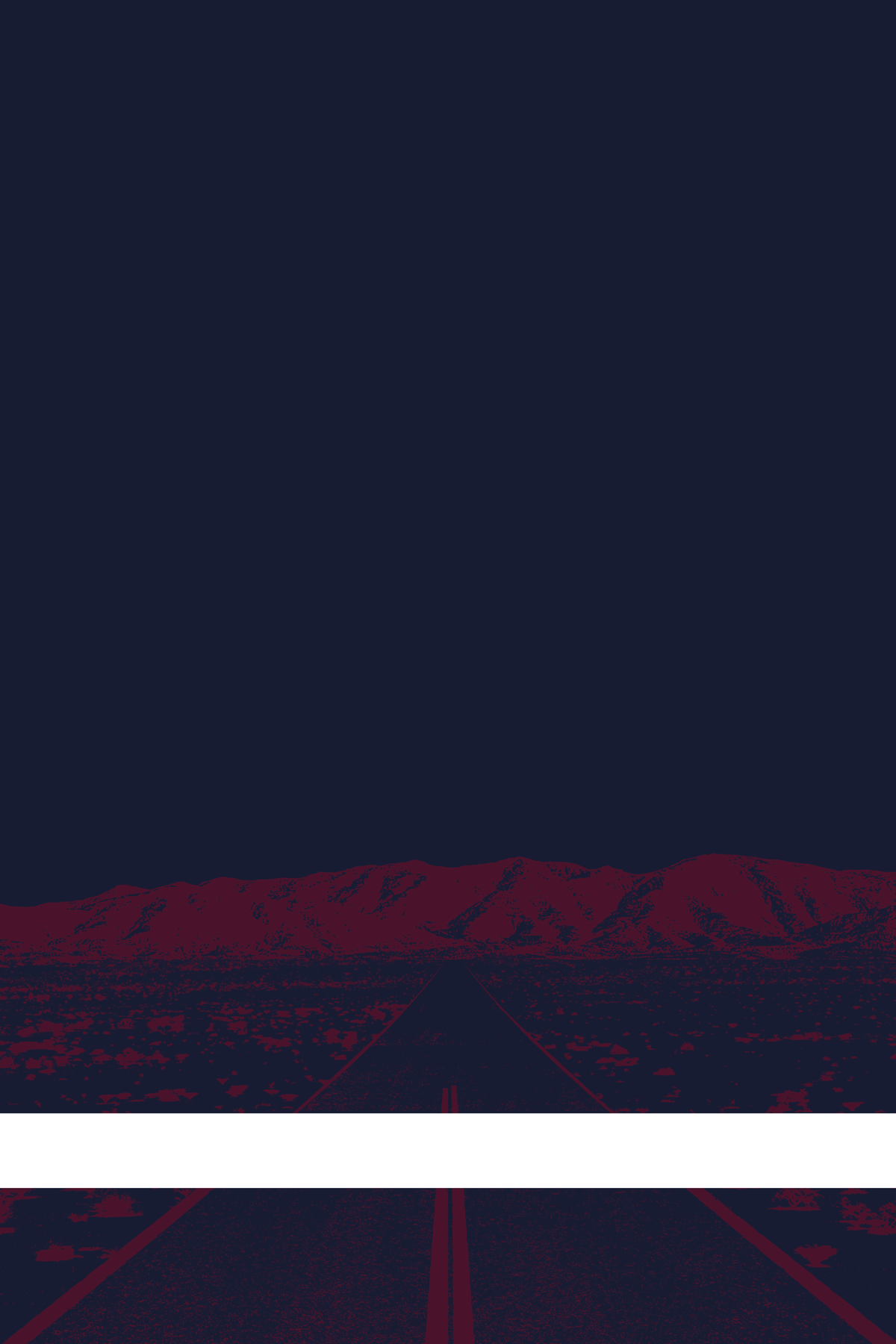 A view of Mercury Valley, Nevada, facing toward the northwest. The composition is rendered in dark blue and dark red. A prominent white line stretches across the composition near the bottom of the view.