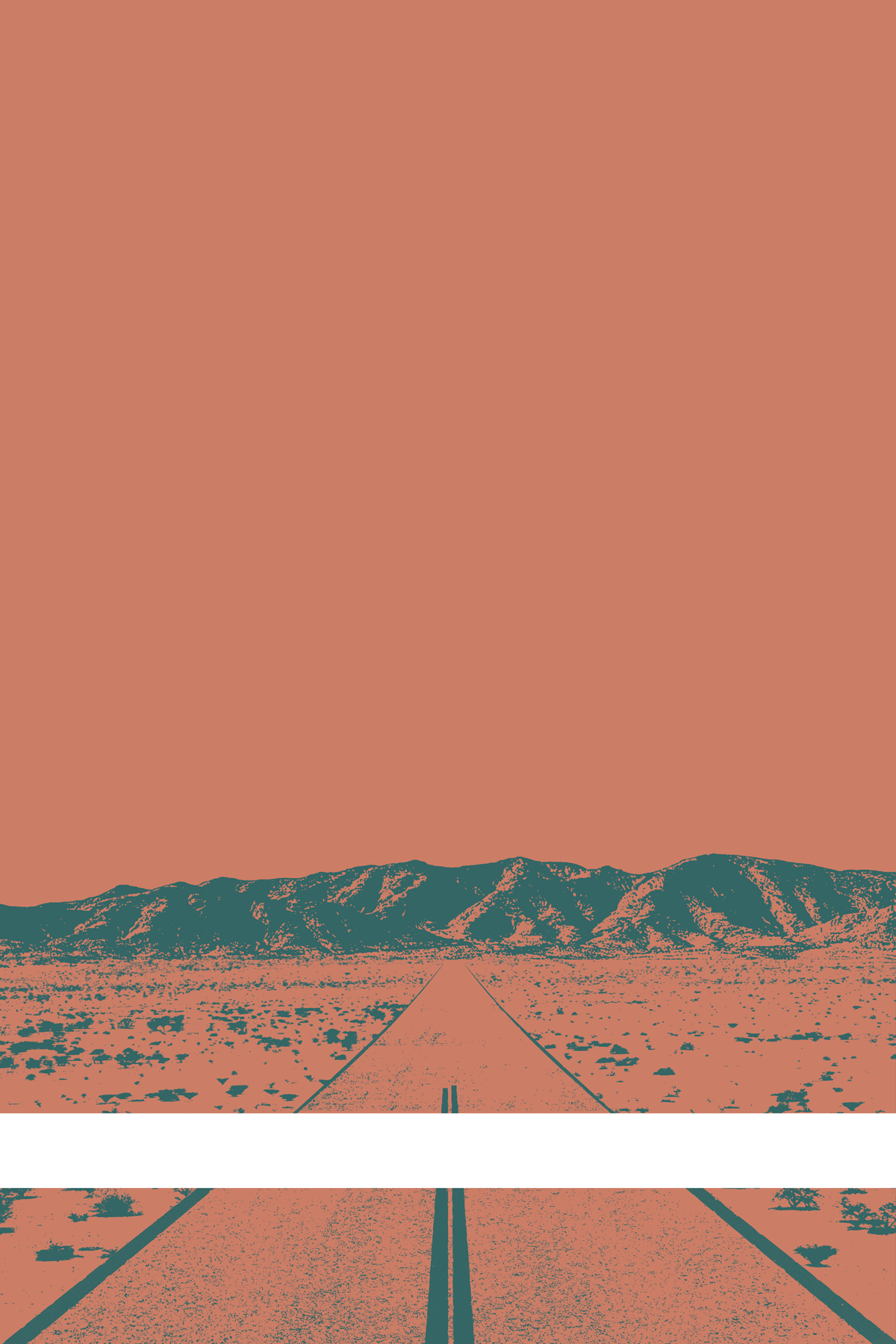 A view of Mercury Valley, Nevada, facing toward the northwest. The composition is rendered in light orange and grayish blue. A prominent white line stretches across the composition near the bottom of the view.