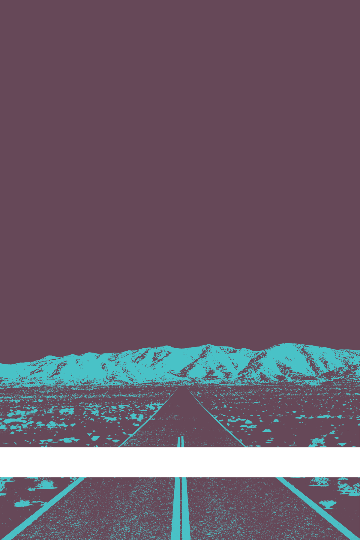 A view of Mercury Valley, Nevada, facing toward the northwest. The composition is rendered in light grayish purple and light blue. A prominent white line stretches across the composition near the bottom of the view.