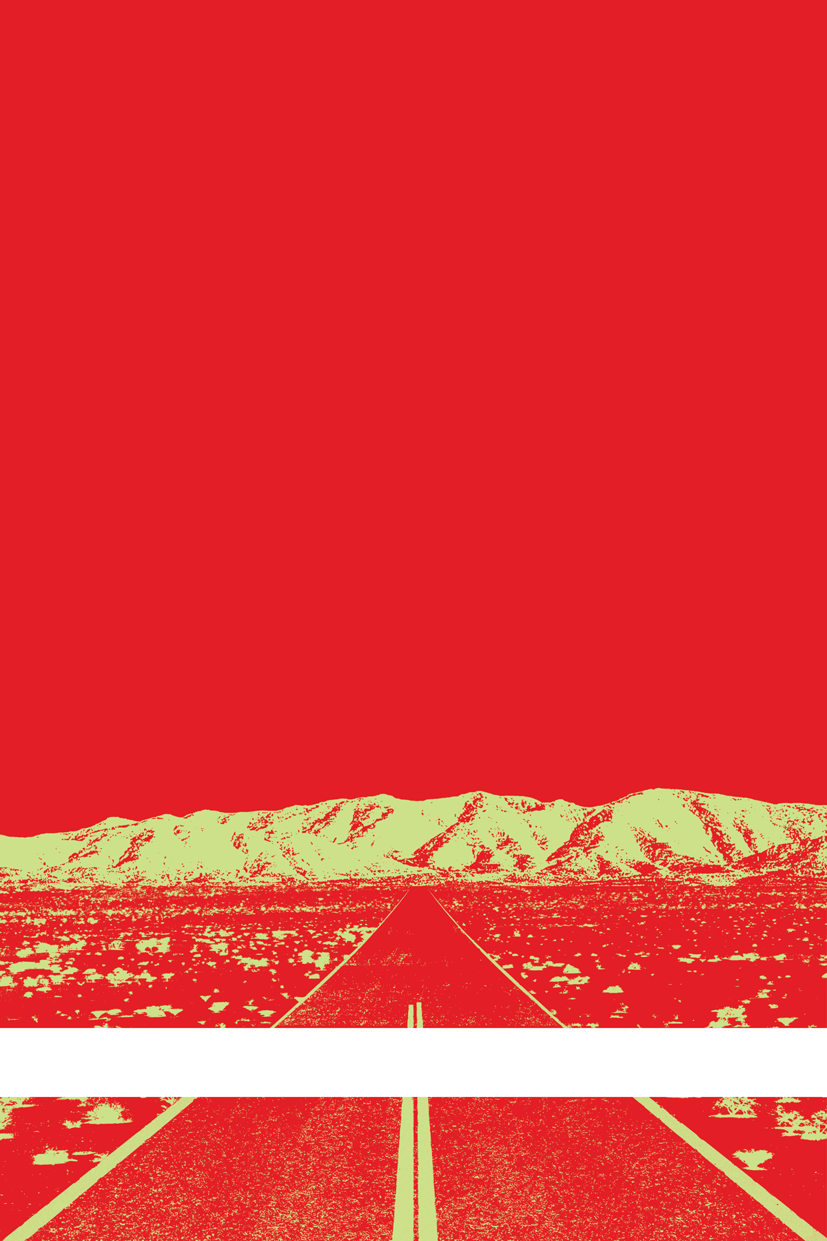 A view of Mercury Valley, Nevada, facing toward the northwest. The composition is rendered in red and light yellow-green. A prominent white line stretches across the composition near the bottom of the view.