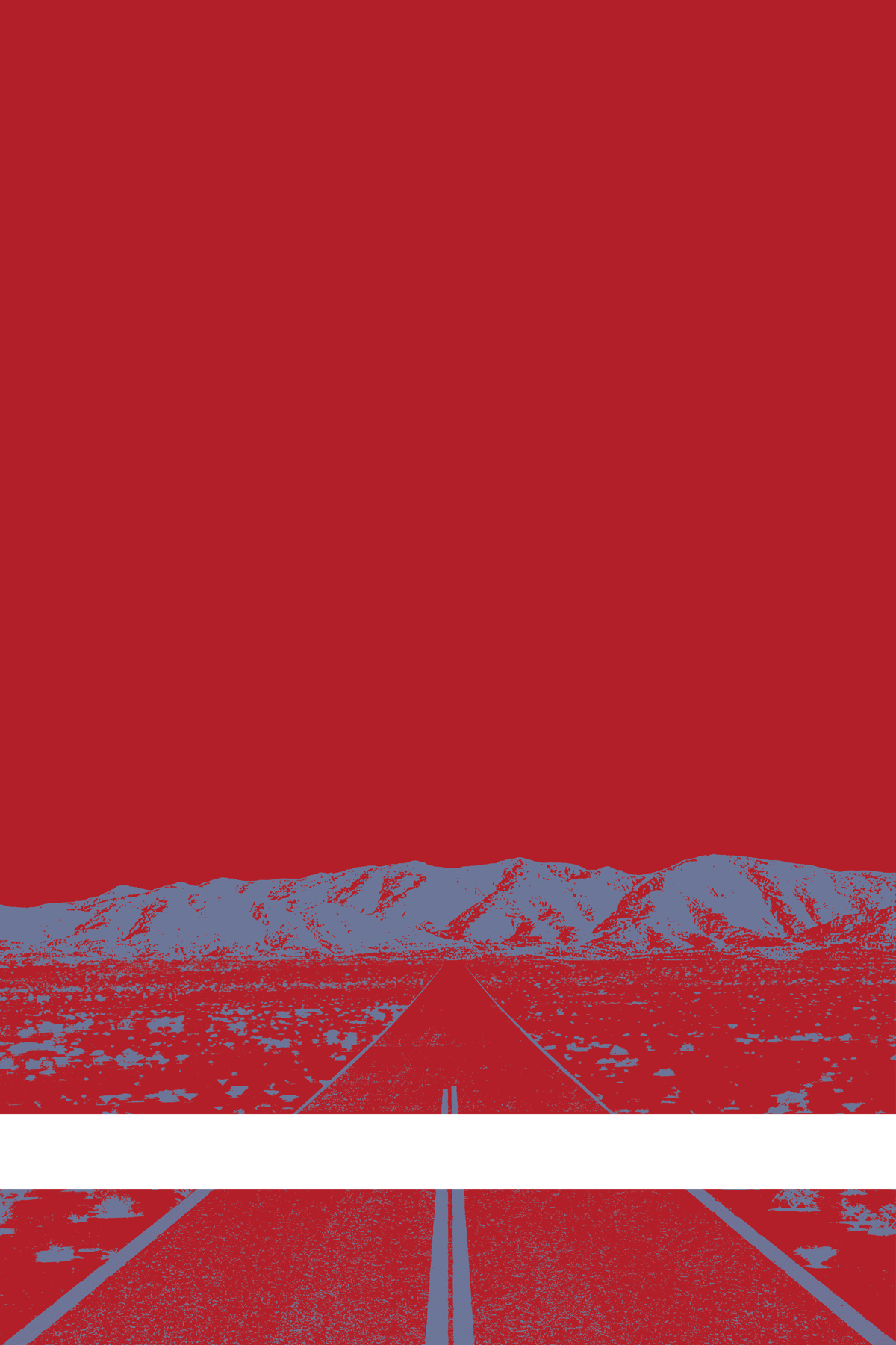 A view of Mercury Valley, Nevada, facing toward the northwest. The composition is rendered in red and light blue. A prominent white line stretches across the composition near the bottom of the view.