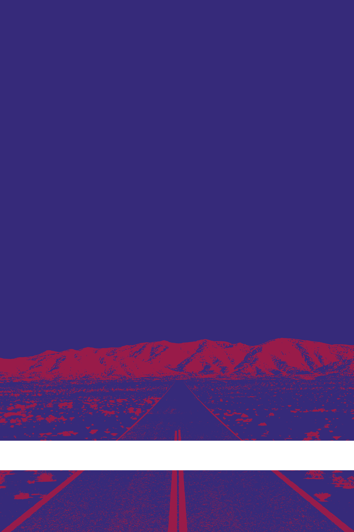 A view of Mercury Valley, Nevada, facing toward the northwest. The composition is rendered in dark blue and red. A prominent white line stretches across the composition near the bottom of the view.