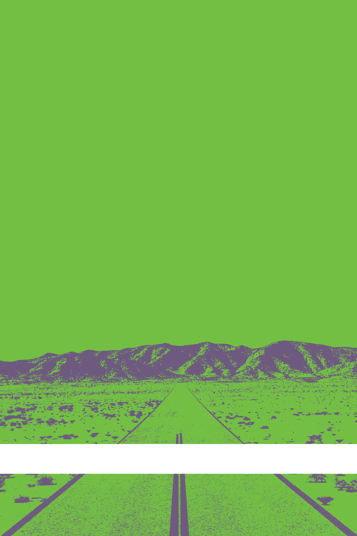 A view of Mercury Valley, Nevada, facing toward the northwest. The composition is rendered in light green and purple. A prominent white line stretches across the composition near the bottom of the view.