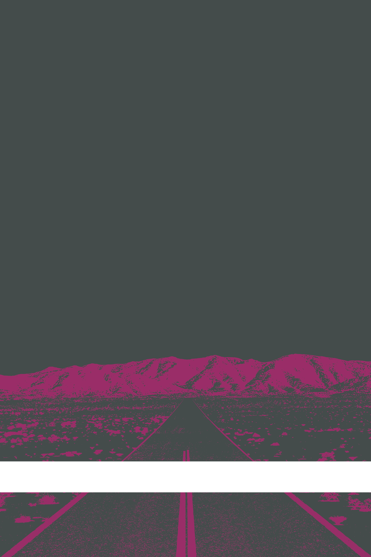 A view of Mercury Valley, Nevada, facing toward the northwest. The composition is rendered in dark gray and light purple. A prominent white line stretches across the composition near the bottom of the view.